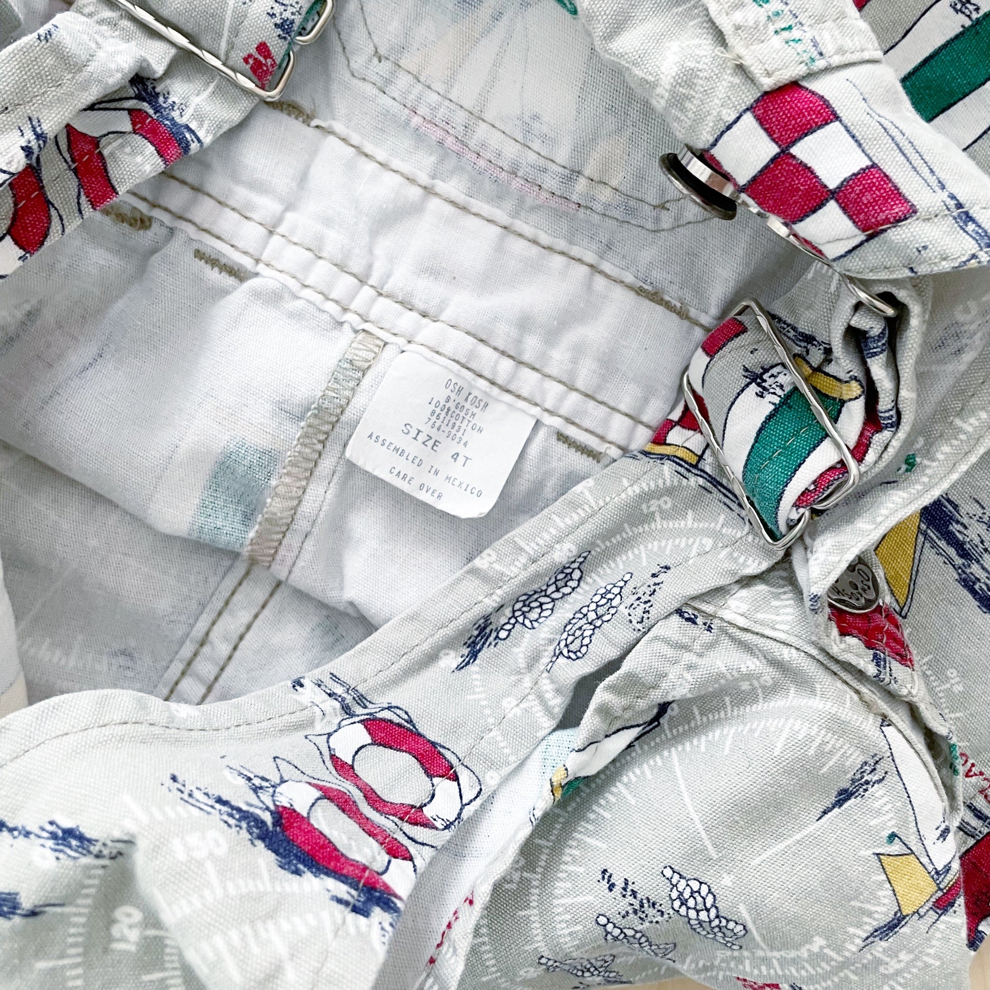 OshKosh Khaki Sailing Print Shortalls - Yellow Clover Vintage Kids Clothes