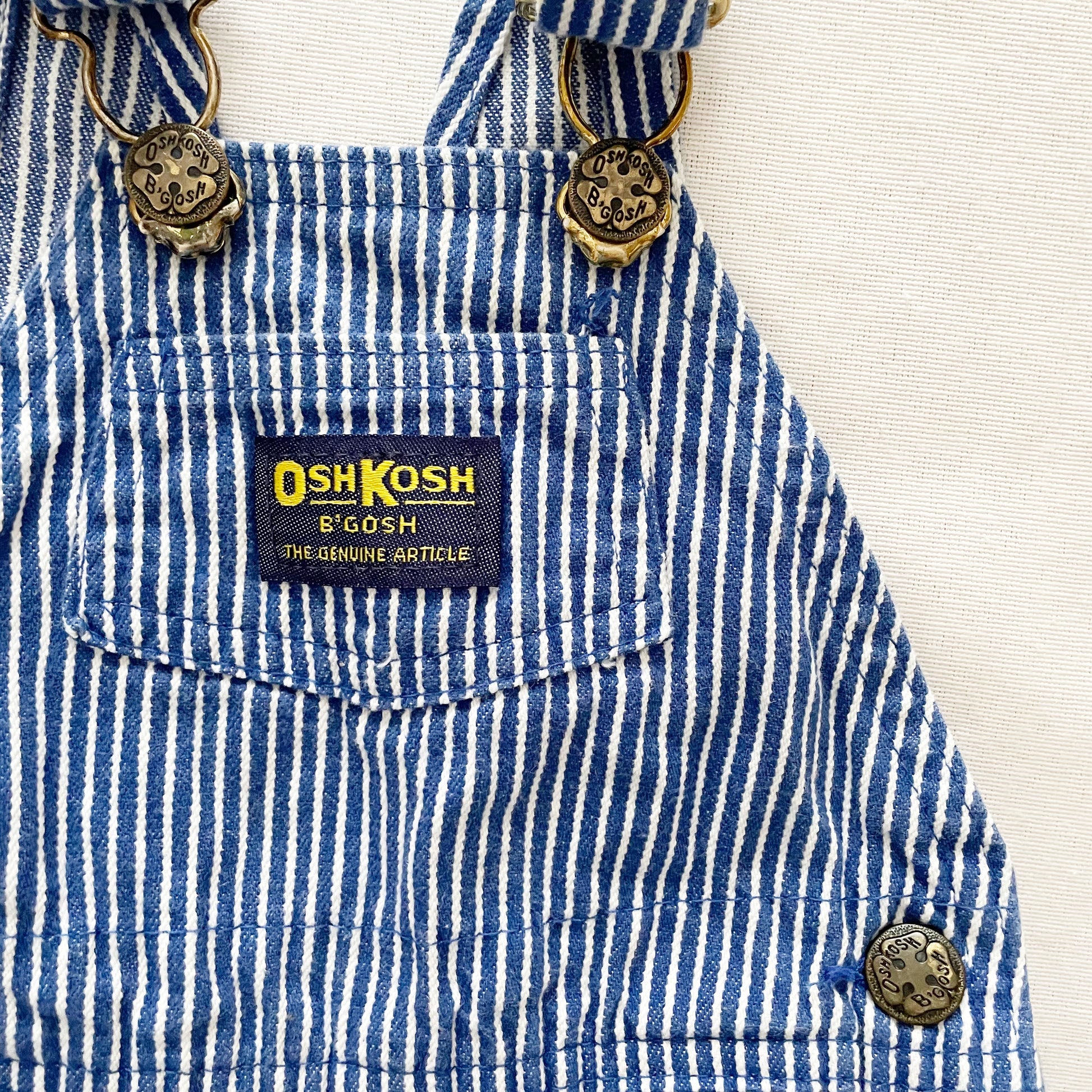 OshKosh Classic Navy Hickory Stripe Shortalls - Yellow Clover Vintage Kids Clothes