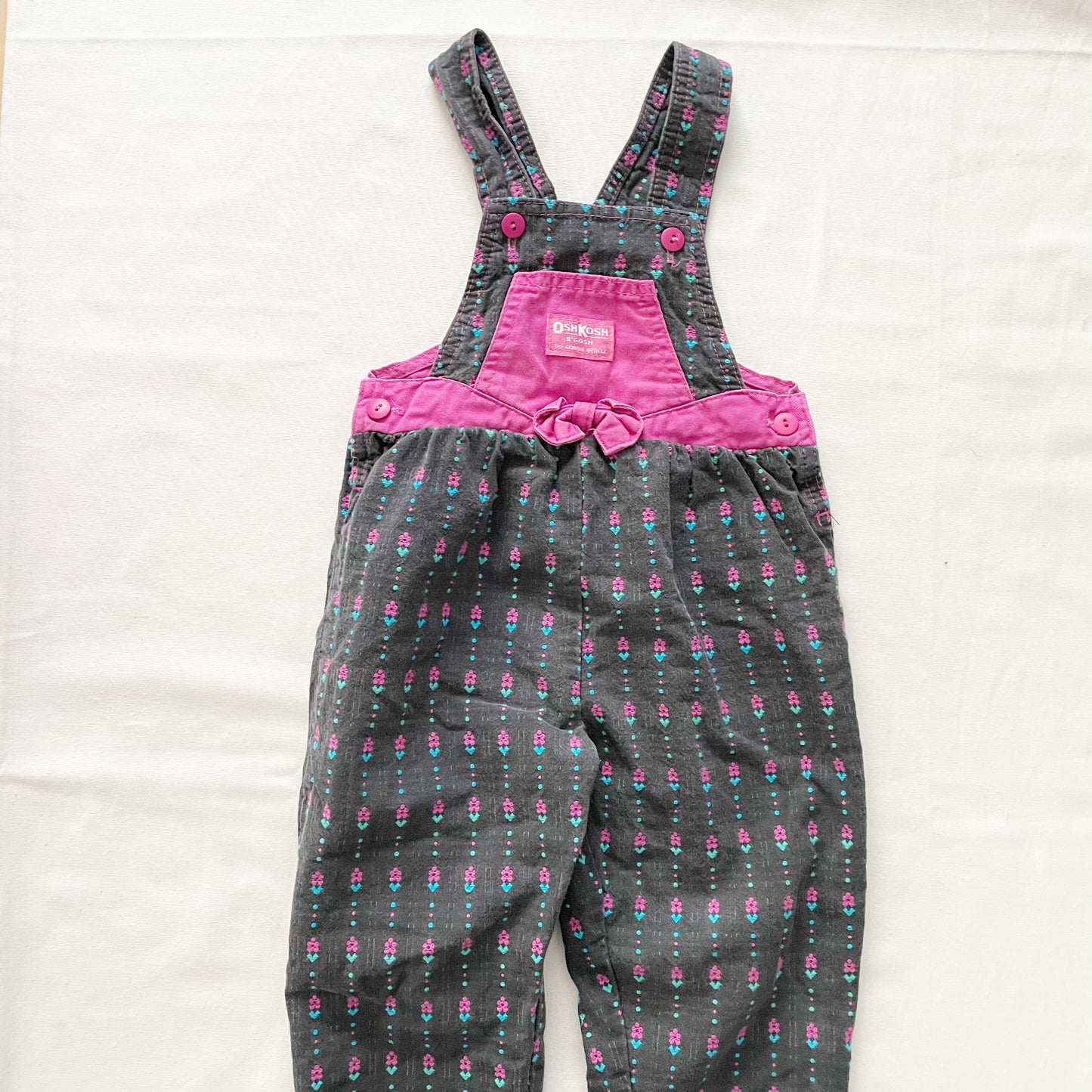 OshKosh Black Floral Woven Bow Front Overalls - Yellow Clover Vintage Kids Clothes