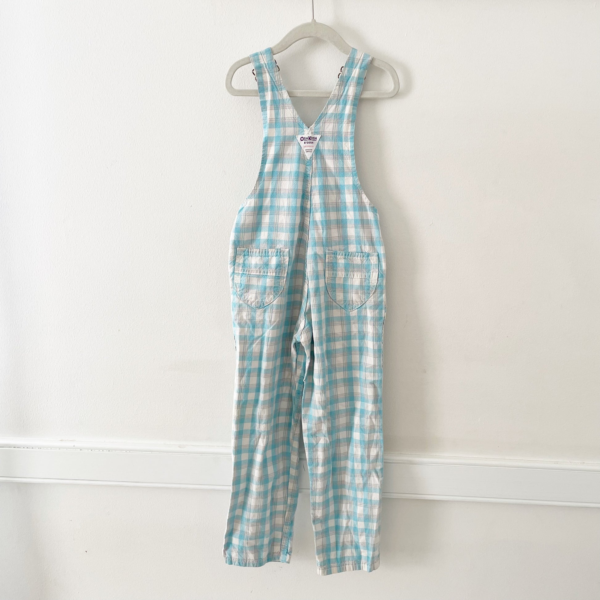 OshKosh Light Turquoise Plaid Overalls - Yellow Clover Vintage Kids Clothes