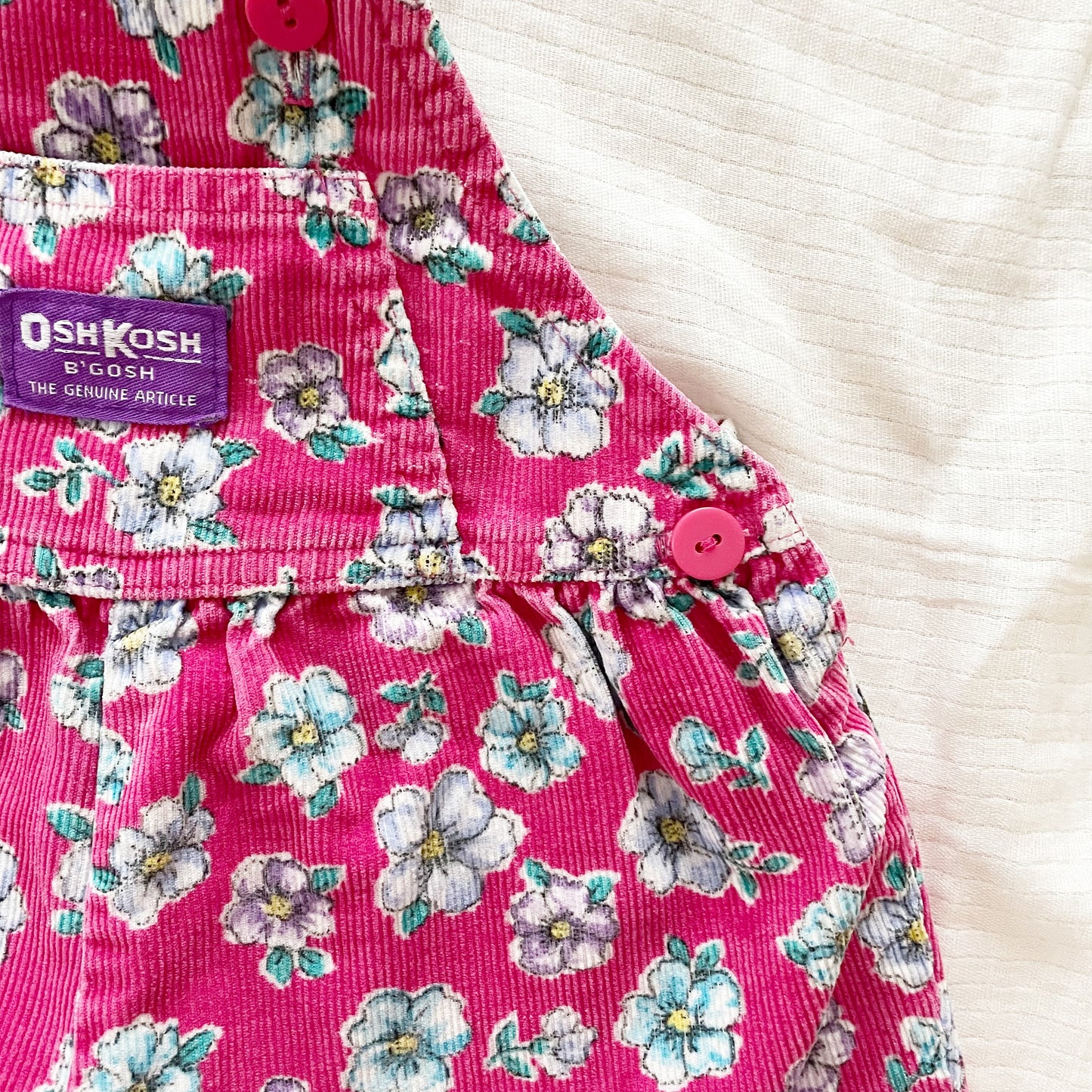 OshKosh Bright Pink Floral Cord Bubble Overalls - Yellow Clover Vintage Kids Clothes