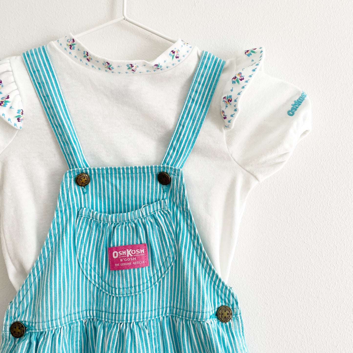 OshKosh Turquoise Stripe Bubble Overalls Set - Yellow Clover Vintage Kids Clothes