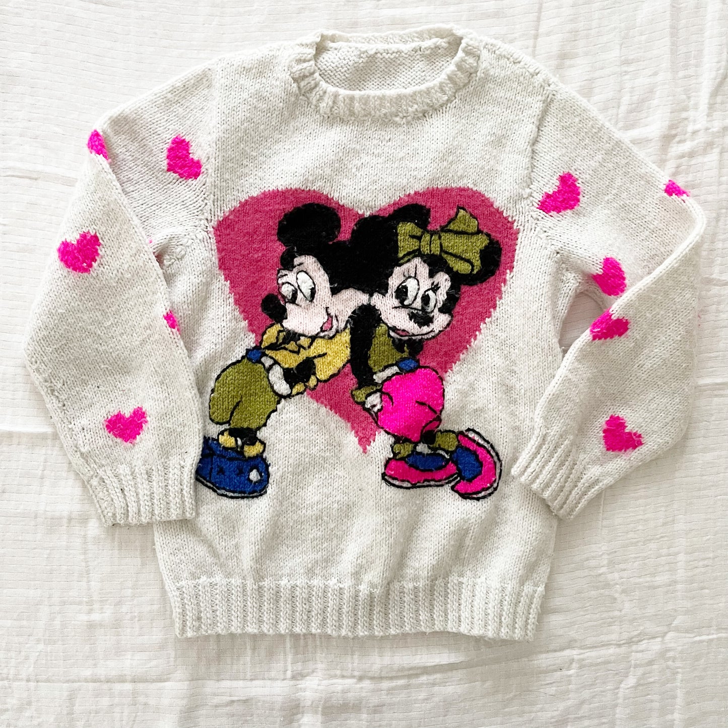 Vintage Handknit Mickey and Minnie Hearts Sweater