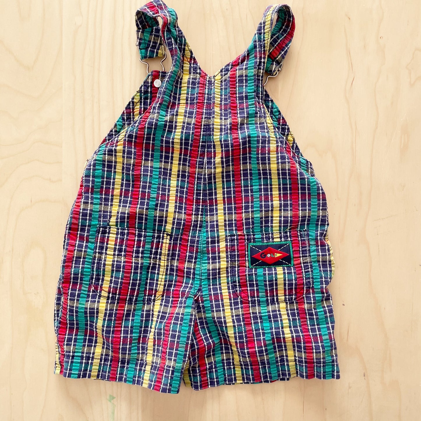Vintage Gymboree Seersucker Plaid Golf Patch Shortalls - Yellow Clover Vintage Kids Clothes