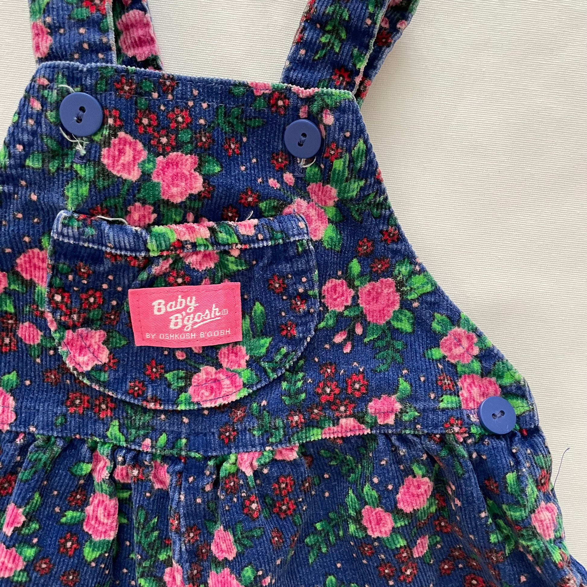 OshKosh Rose Floral Fine Cord Cuffed Overalls - Yellow Clover Vintage Kids Clothes