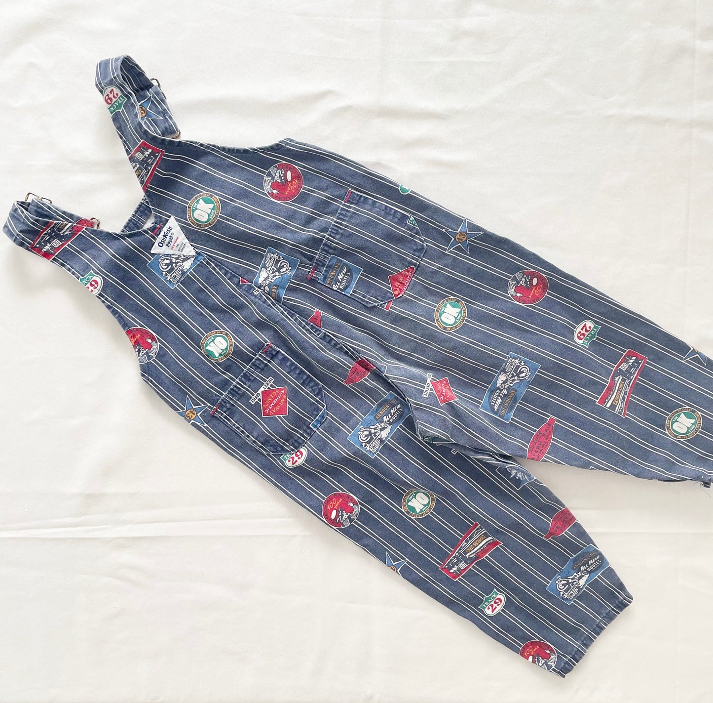 OshKosh Striped Railroad Theme Overalls - Yellow Clover Vintage Kids Clothes