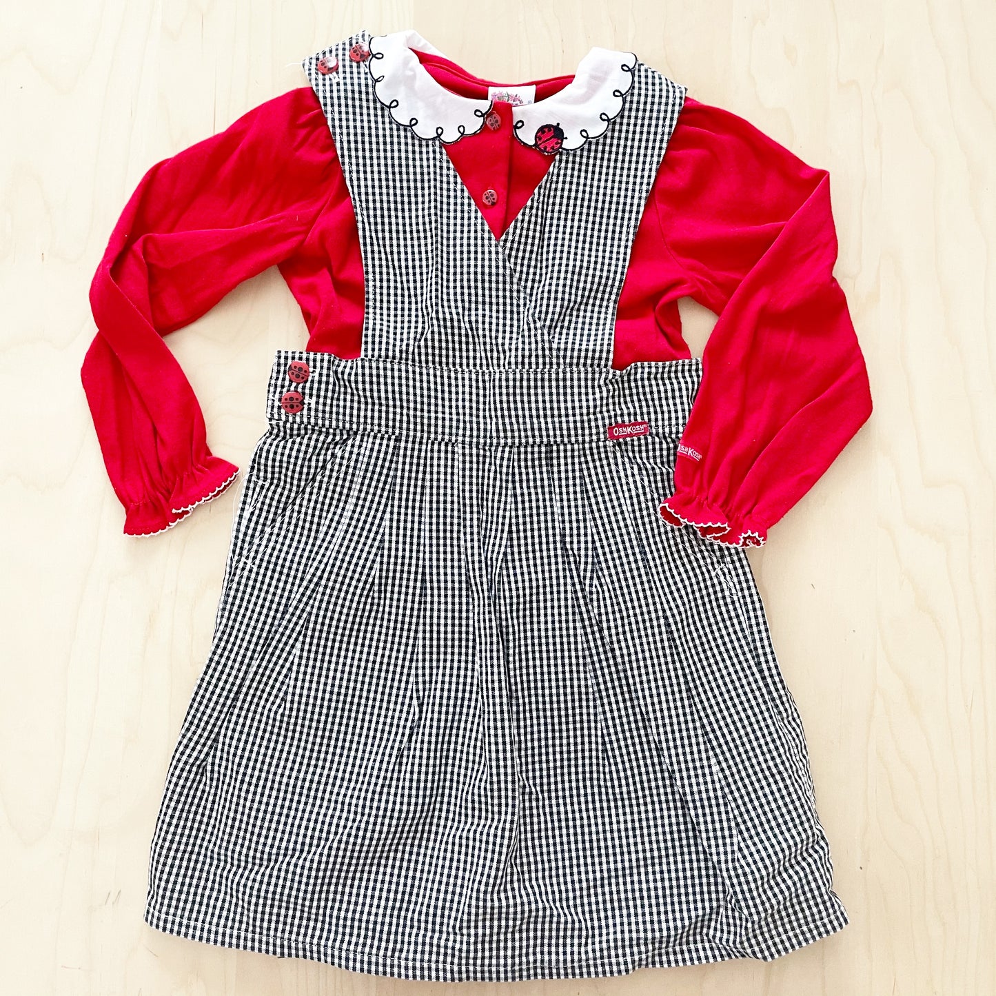Vintage OshKosh Ladybug Checkered Pinafore Set - Yellow Clover Vintage Kids Clothes