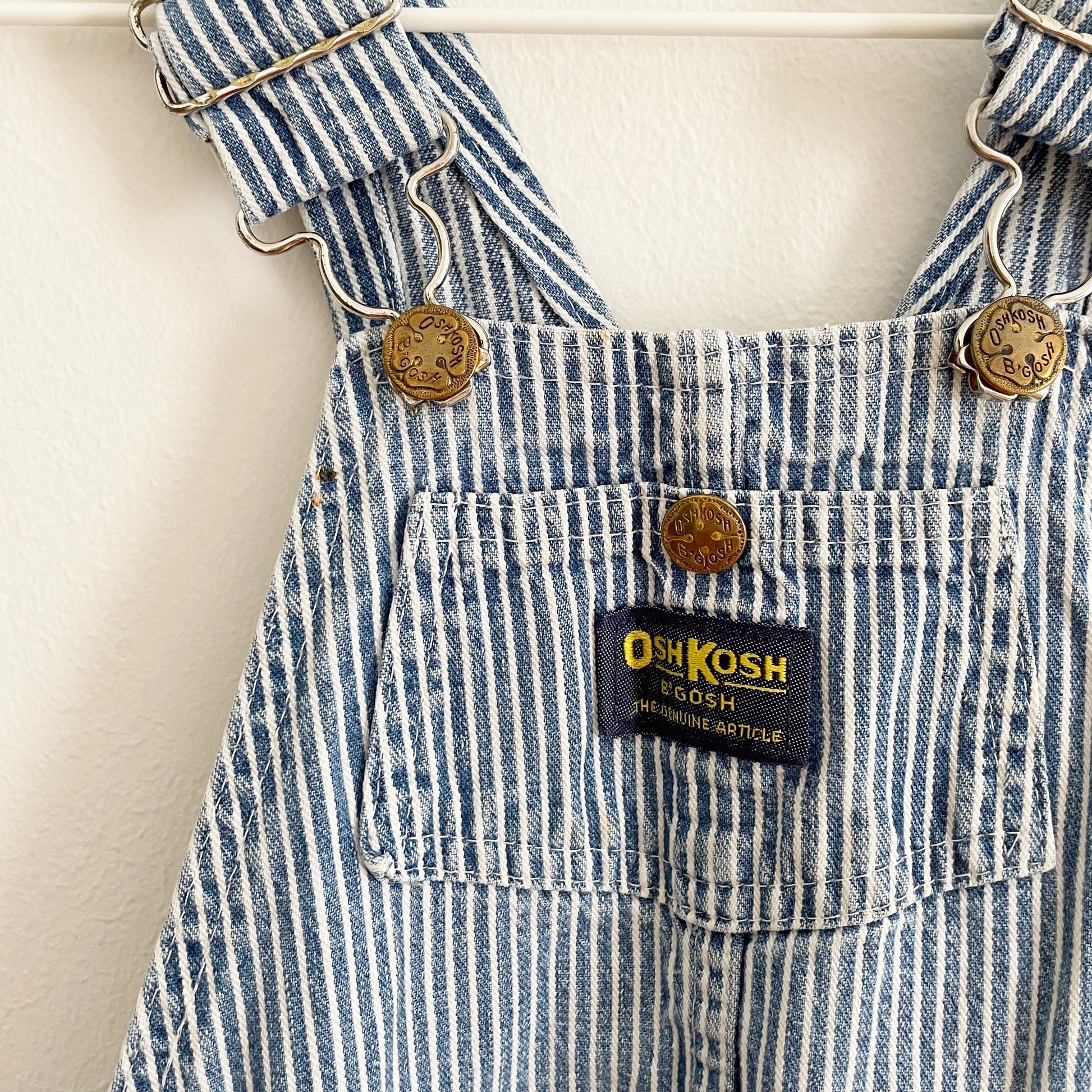 OshKosh Hickory Striped Button Pocket Overalls - Yellow Clover Vintage Kids Clothes