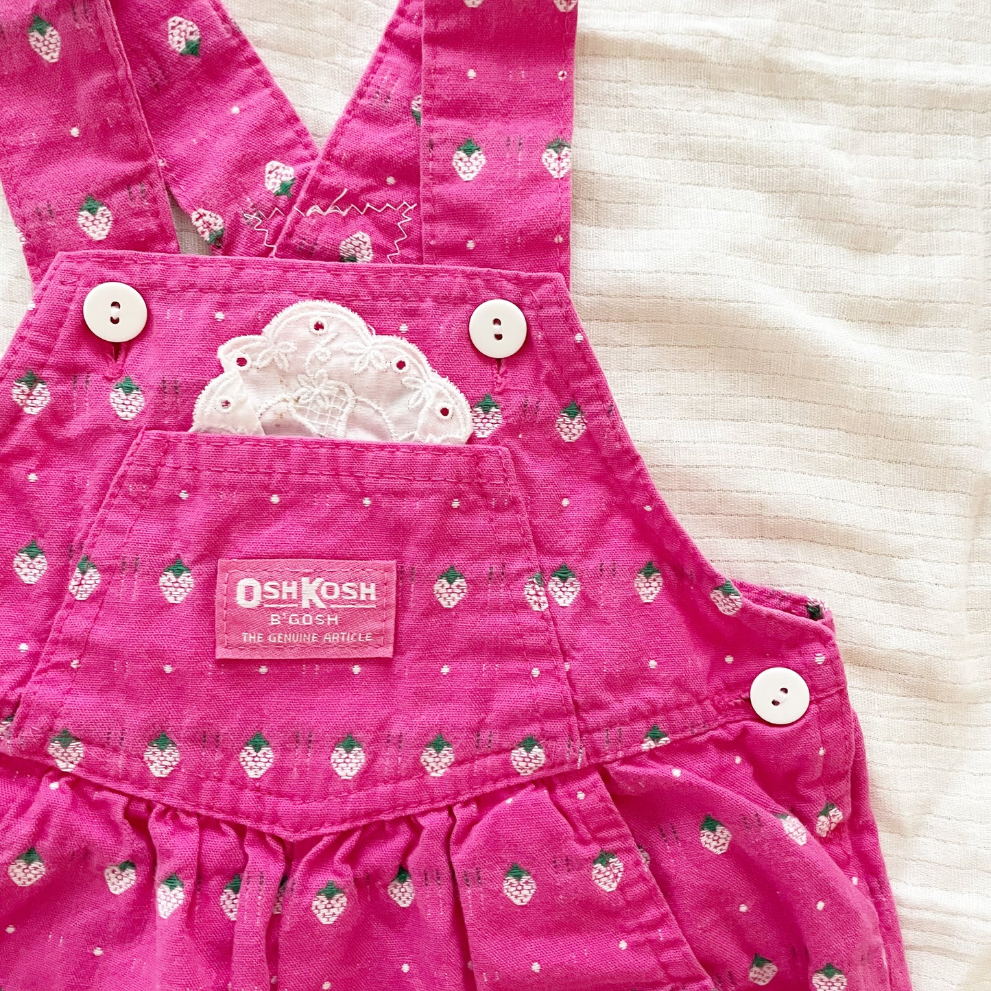 OshKosh Pink Strawberry Overalls - Yellow Clover Vintage Kids Clothes