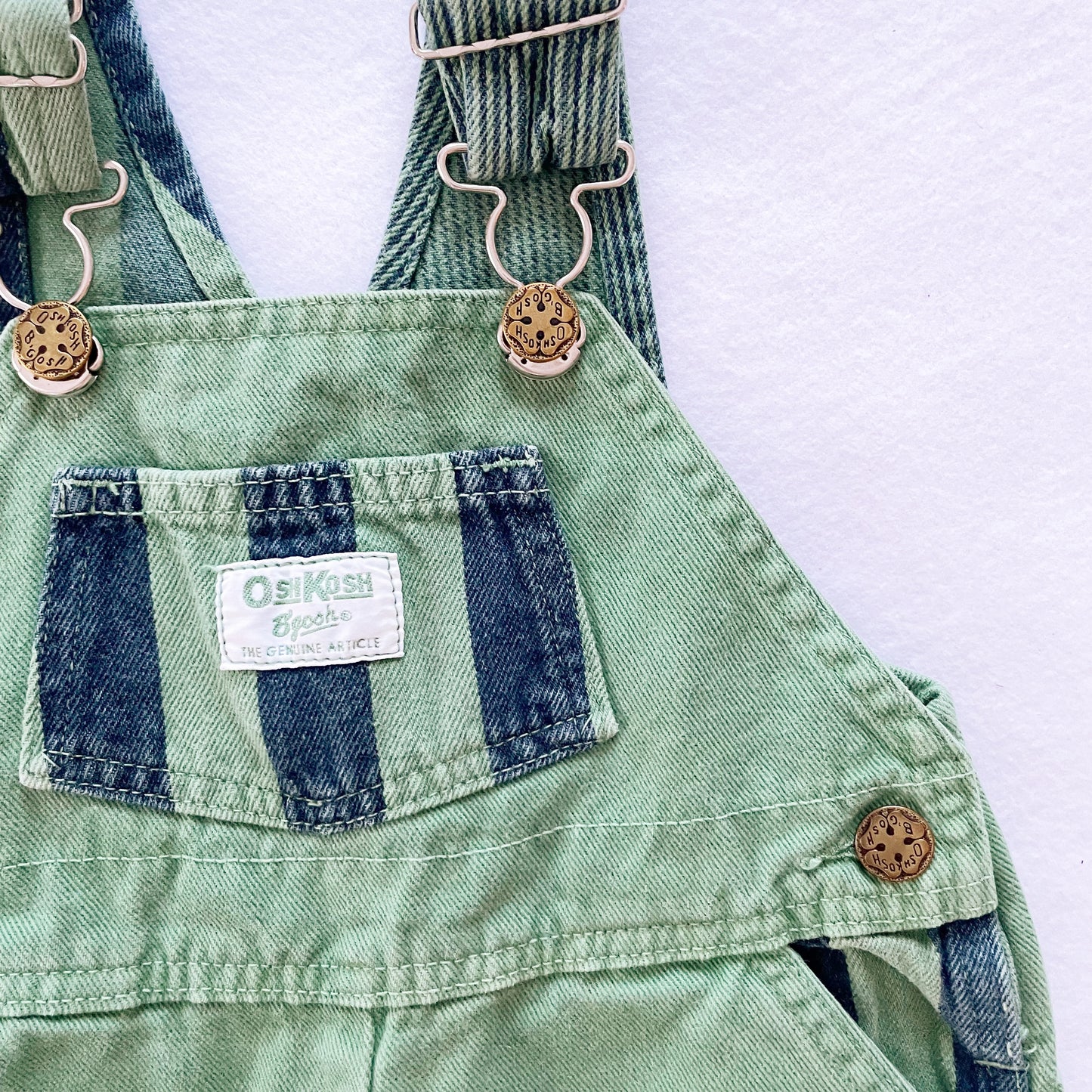 OshKosh Green Stripe Block Overalls - Yellow Clover Vintage Kids Clothes