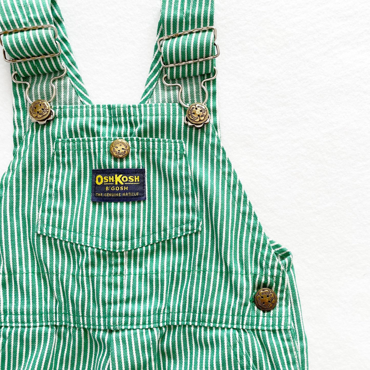 OshKosh Green Hickory Stripe Overalls - Yellow Clover Vintage Kids Clothes
