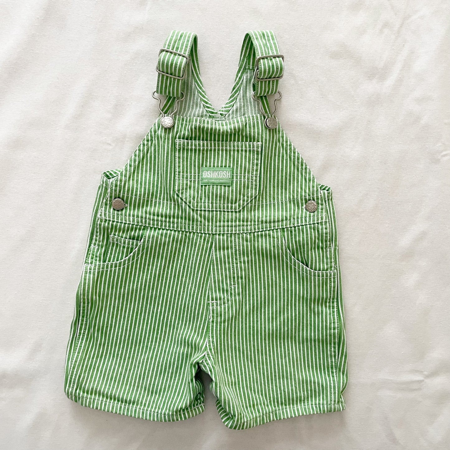 OshKosh Bright Green Stripe Shortalls - Yellow Clover Vintage Kids Clothes