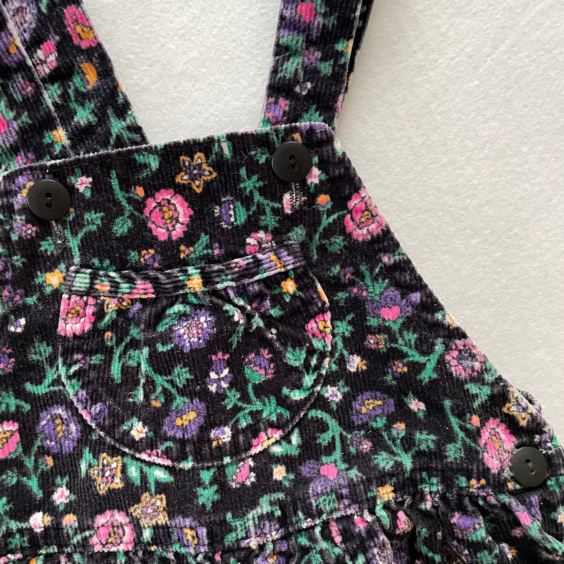 OshKosh Black Paisley Floral Cord Bubble Overalls - Yellow Clover Vintage Kids Clothes