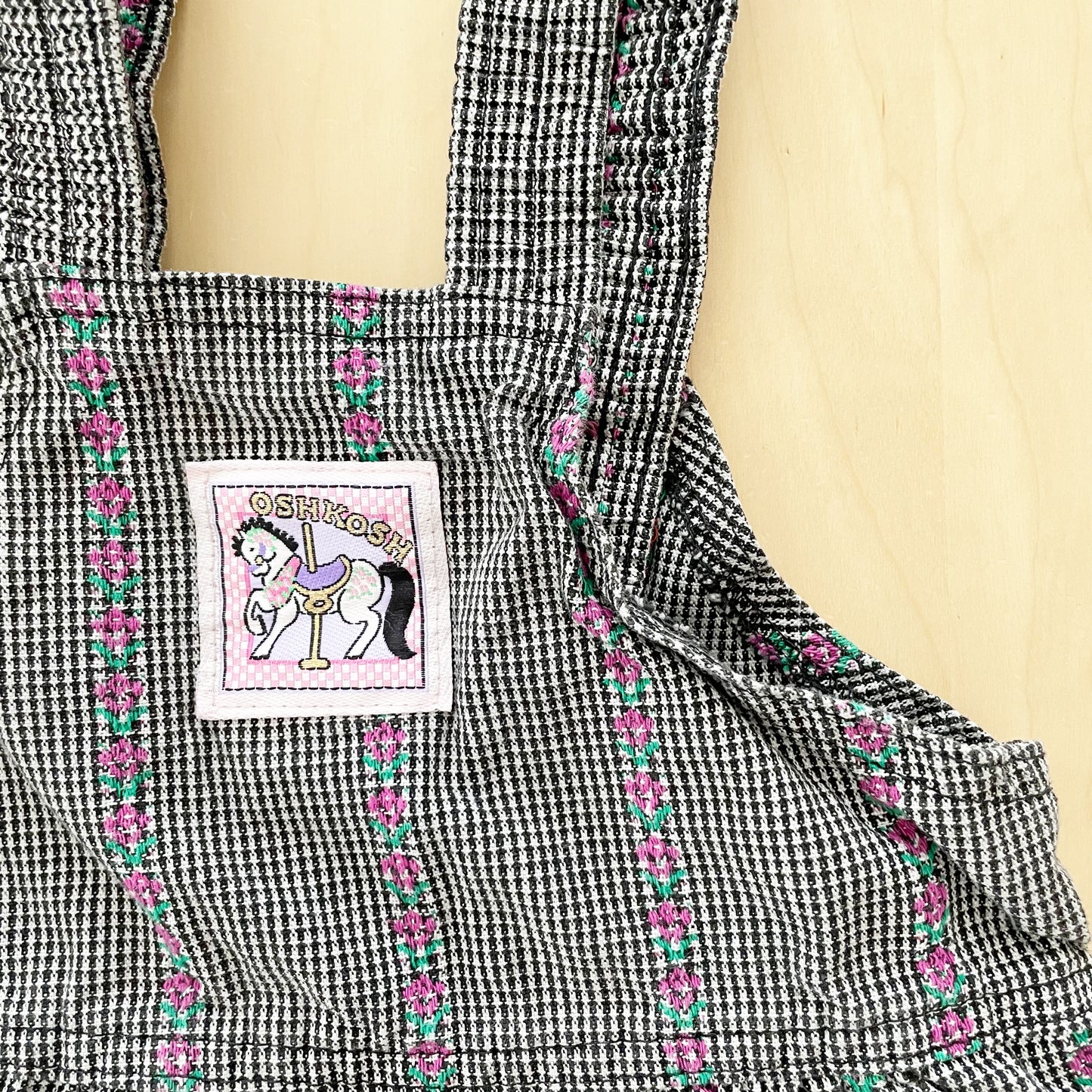 OshKosh Floral Houndstooth Carousel Overalls - Yellow Clover Vintage Kids Clothes