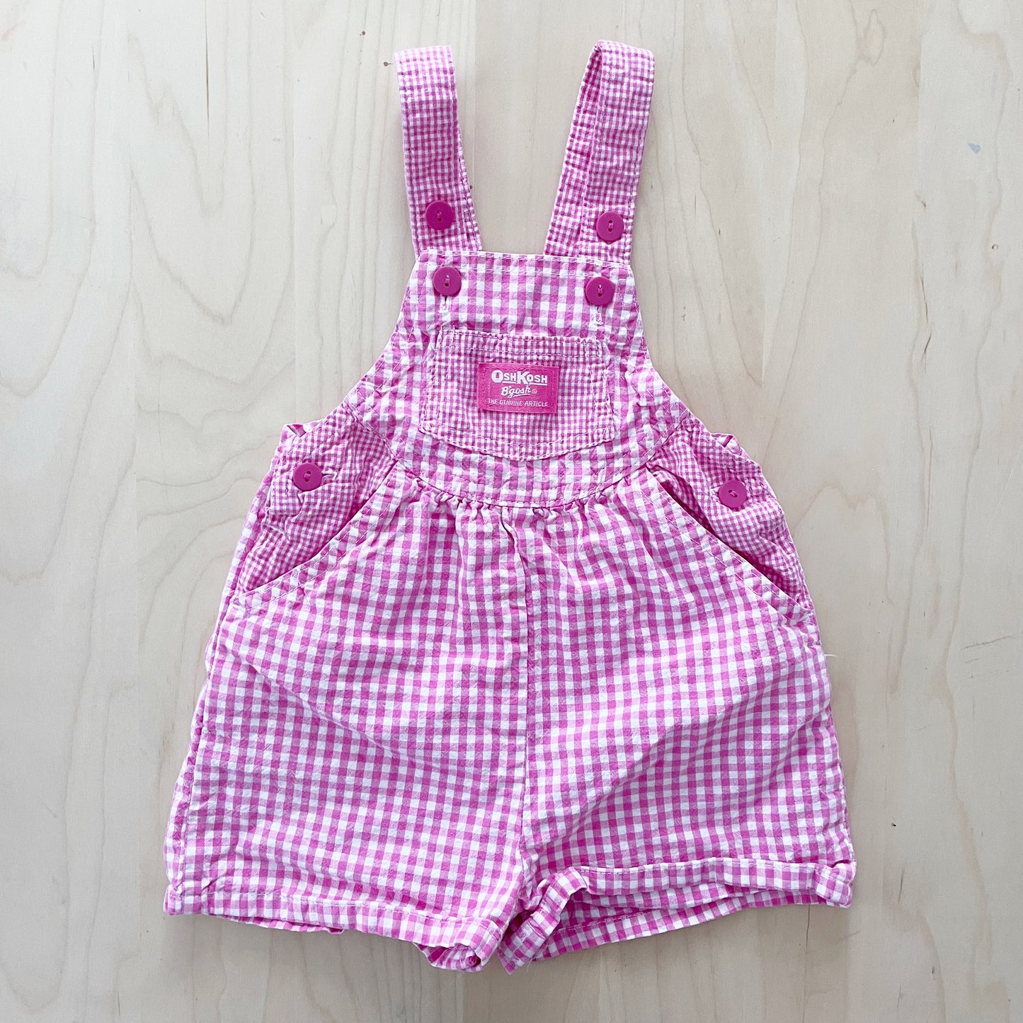 OshKosh Scoop Cut Pink Gingham Shortalls - Yellow Clover Vintage Kids Clothes