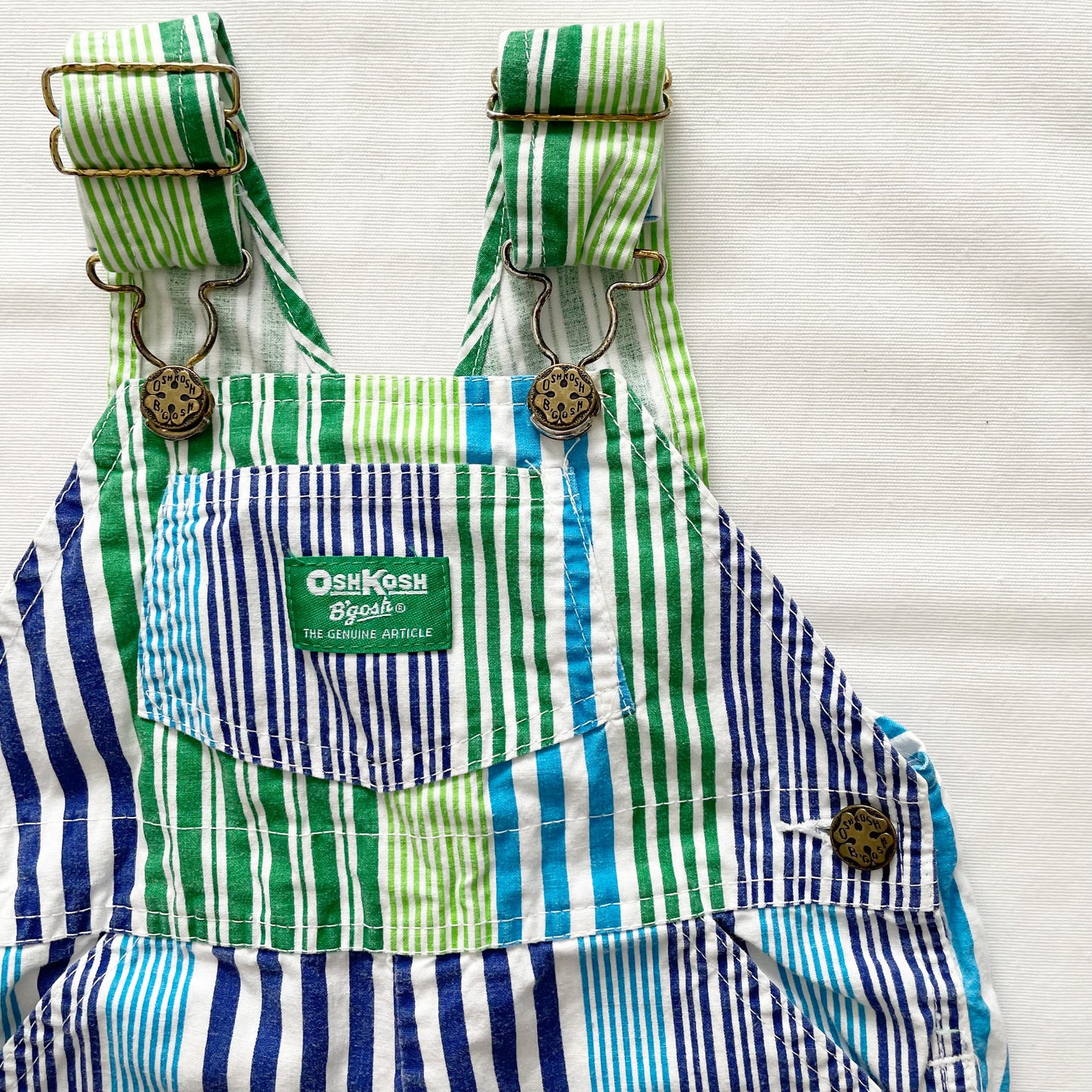 OshKosh Blue and Green Striped Shortalls - Yellow Clover Vintage Kids Clothes