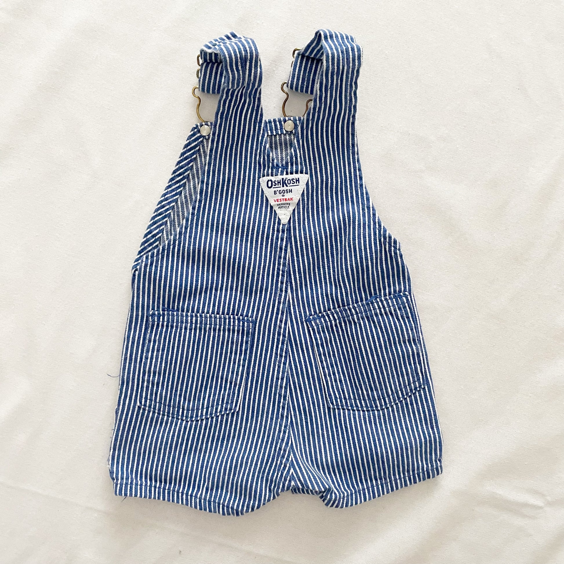 OshKosh Classic Navy Hickory Stripe Shortalls - Yellow Clover Vintage Kids Clothes
