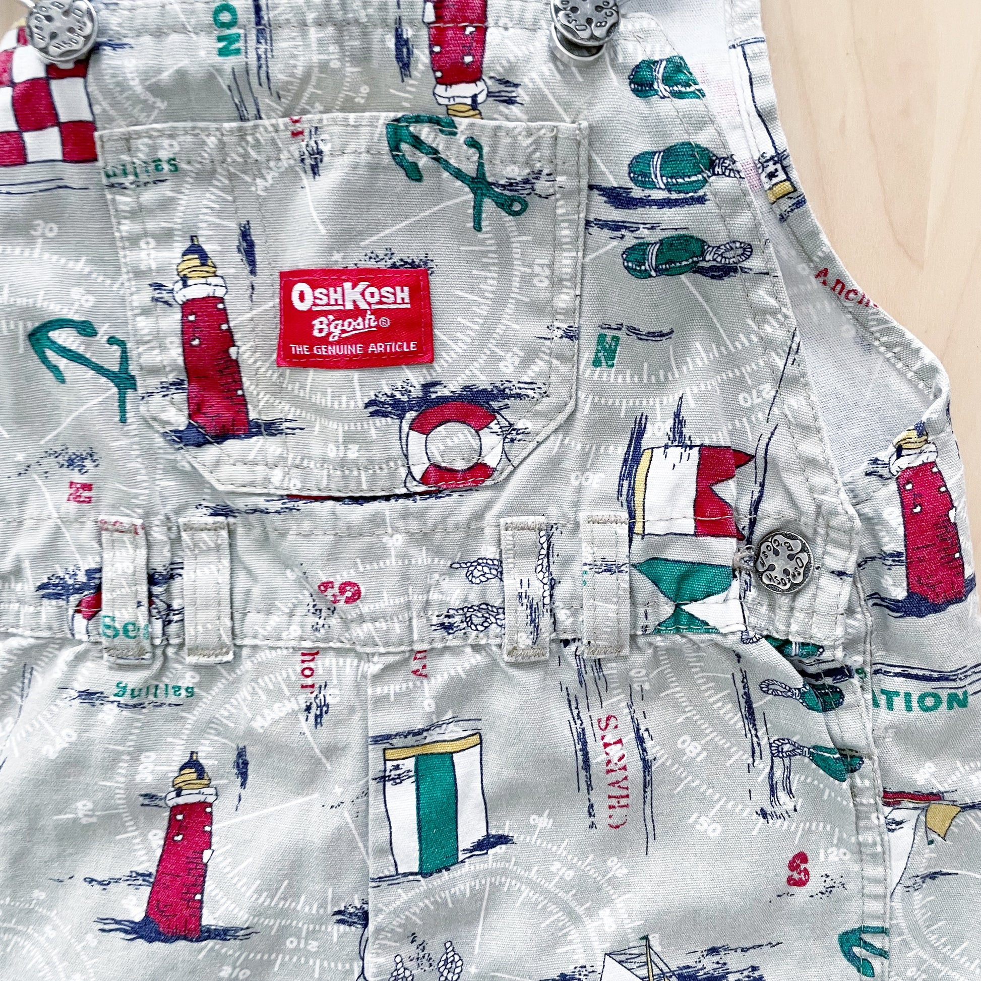 OshKosh Khaki Sailing Print Shortalls - Yellow Clover Vintage Kids Clothes