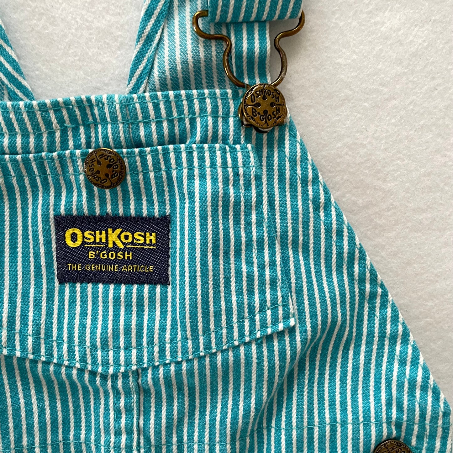 OshKosh Turquoise Hickory Stripe Shortalls - Yellow Clover Vintage Kids Clothes
