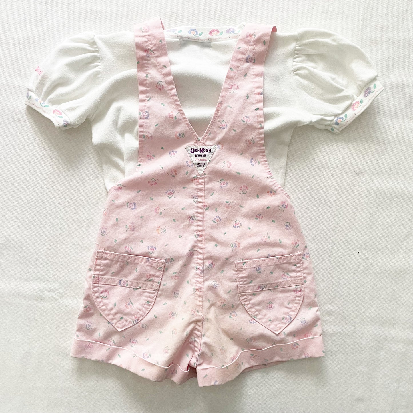 OshKosh Light Pink Floral Print Shortalls Set - Yellow Clover Vintage Kids Clothes