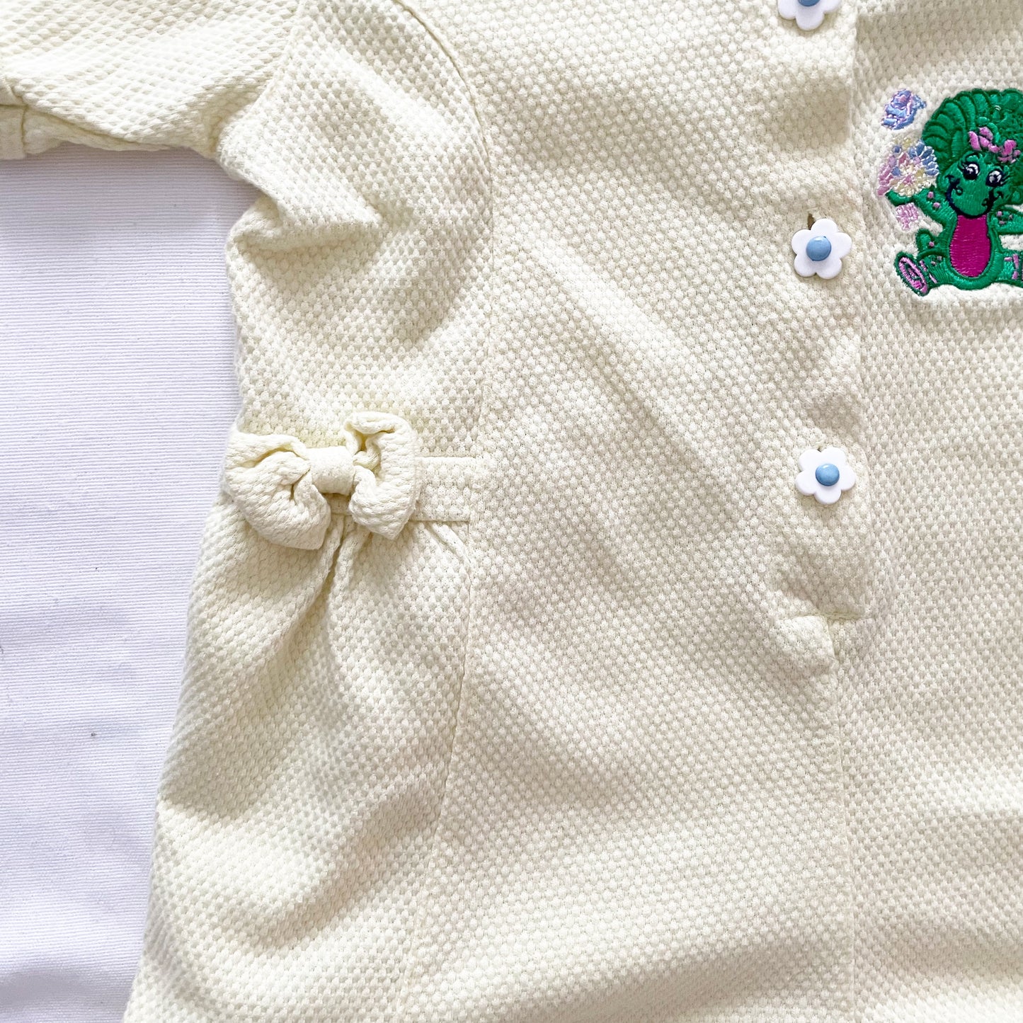 Barney and Baby Bop Garden Flowers Romper • 4T - Yellow Clover Vintage Kids Clothes