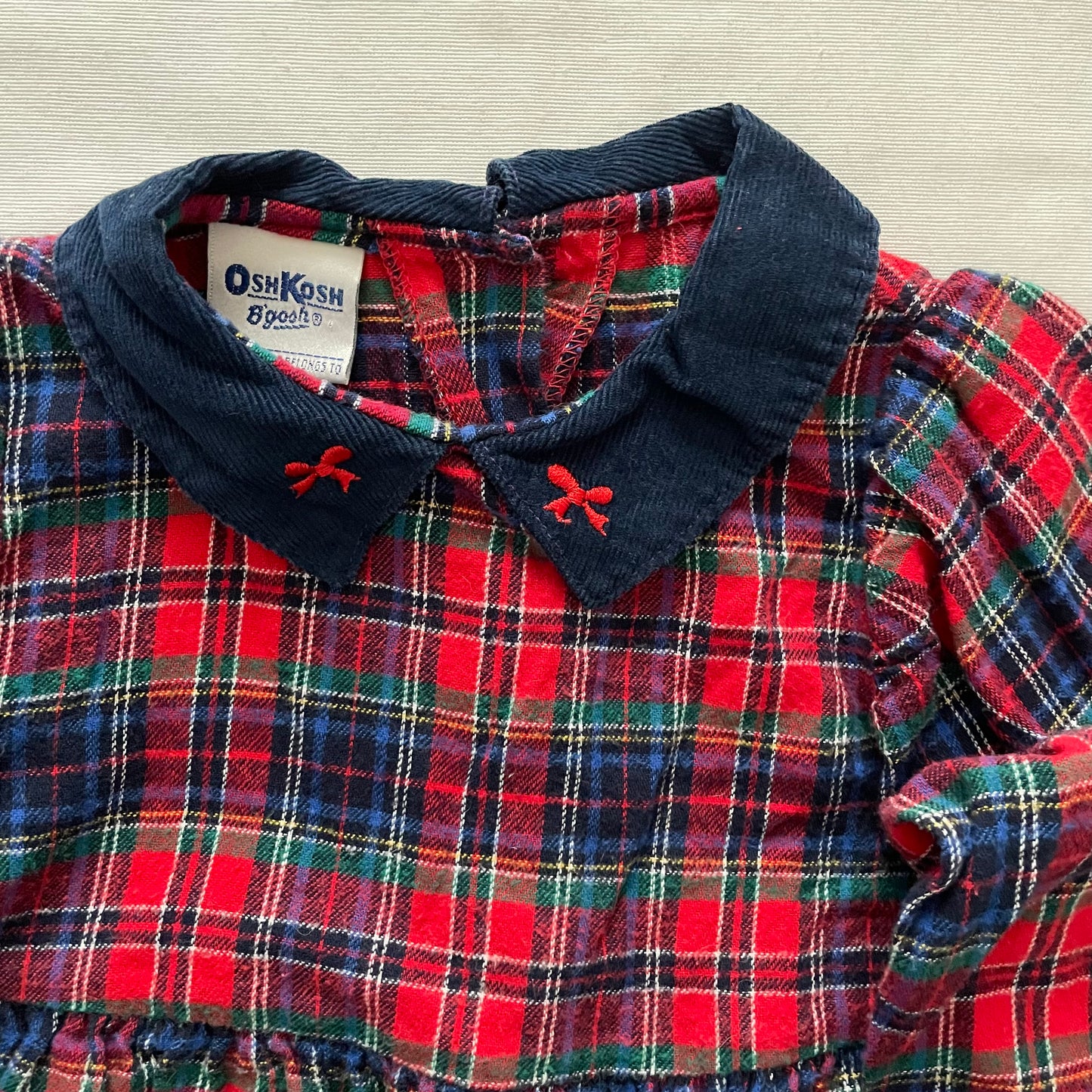 OshKosh Bow Collar Plaid Flannel Dress - Yellow Clover Vintage Kids Clothes