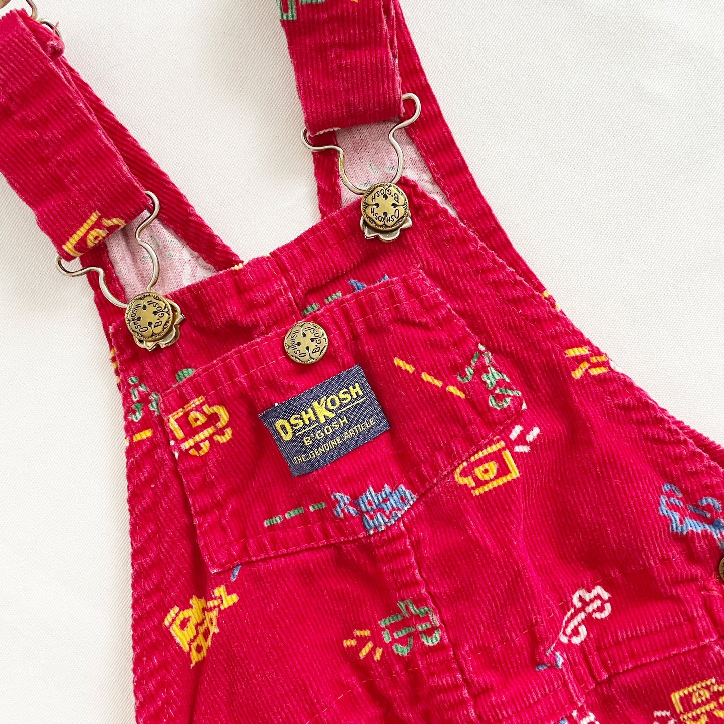 OshKosh Red Cord Vehicles Print Overalls - Yellow Clover Vintage Kids Clothes