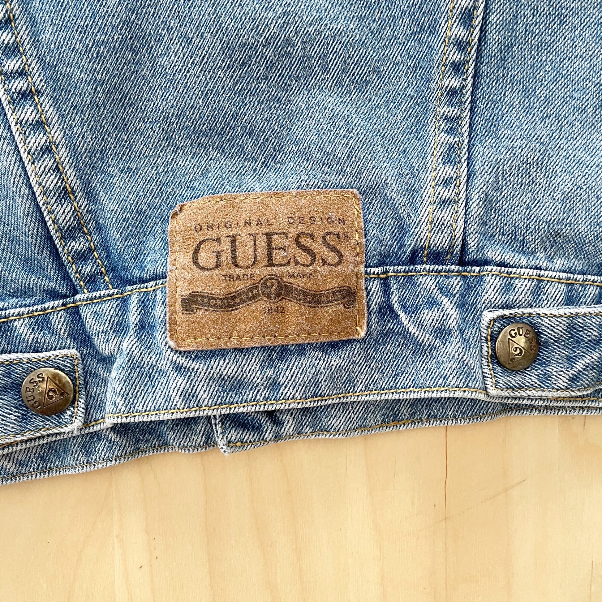 Vintage Guess Leather Patch Denim Jacket - Yellow Clover Vintage Kids Clothes