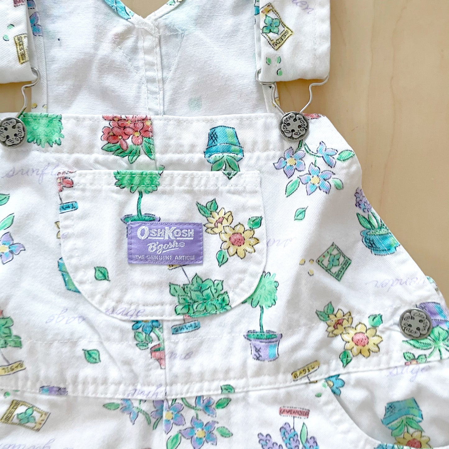 Vintage OshKosh Potted Plant Print Shortalls - Yellow Clover Vintage Kids Clothes