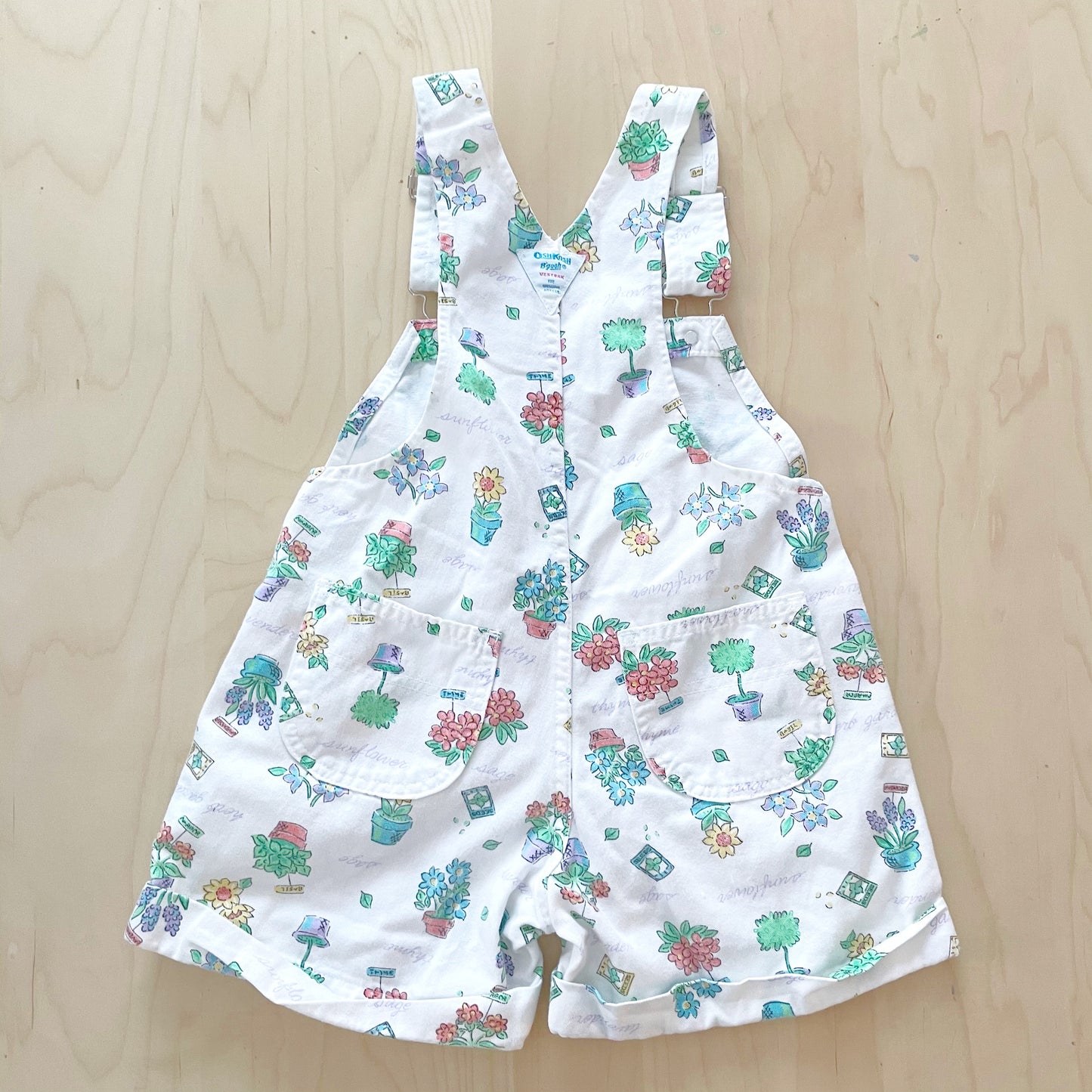 Vintage OshKosh Potted Plant Print Shortalls - Yellow Clover Vintage Kids Clothes