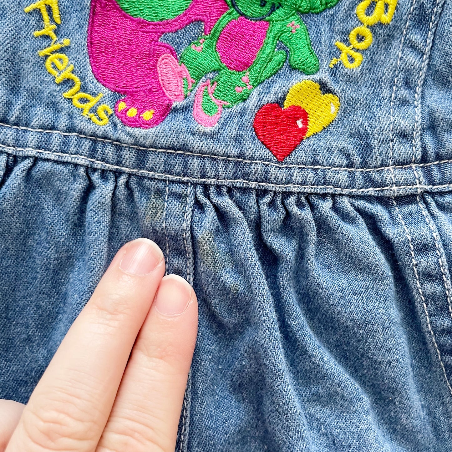Barney and Baby Bop Denim Skirtall - Yellow Clover Vintage Kids Clothes