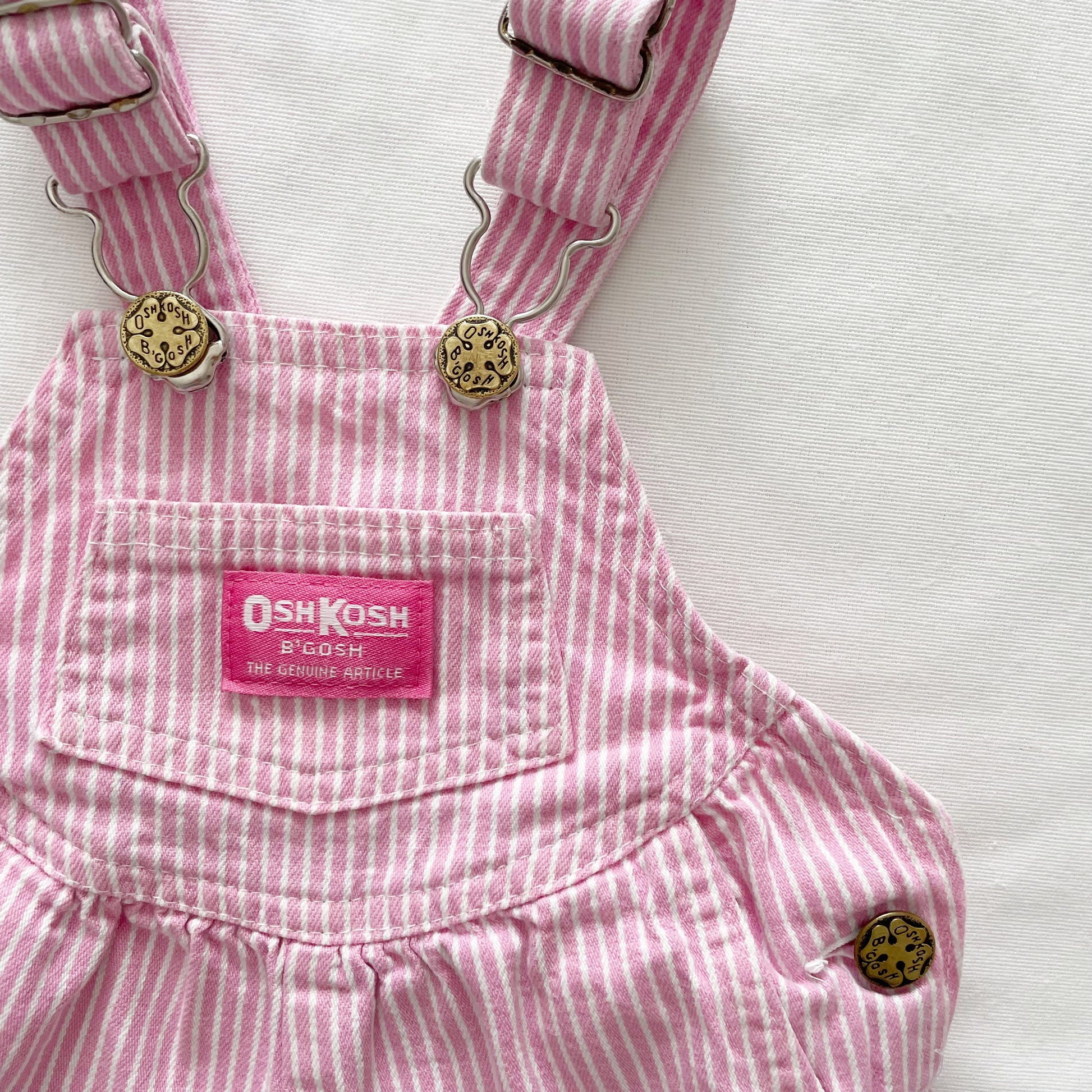OshKosh Pink Hickory Stripe Scoop Cut Overalls - Yellow Clover Vintage Kids Clothes