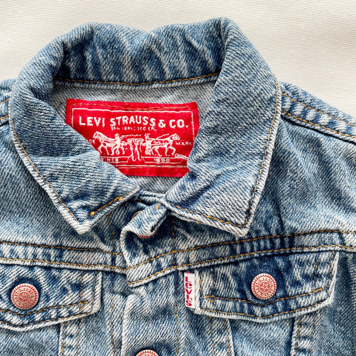 Levi’s Medium Wash White Tab Denim Jacket • 12m - Yellow Clover Vintage Kids Clothes