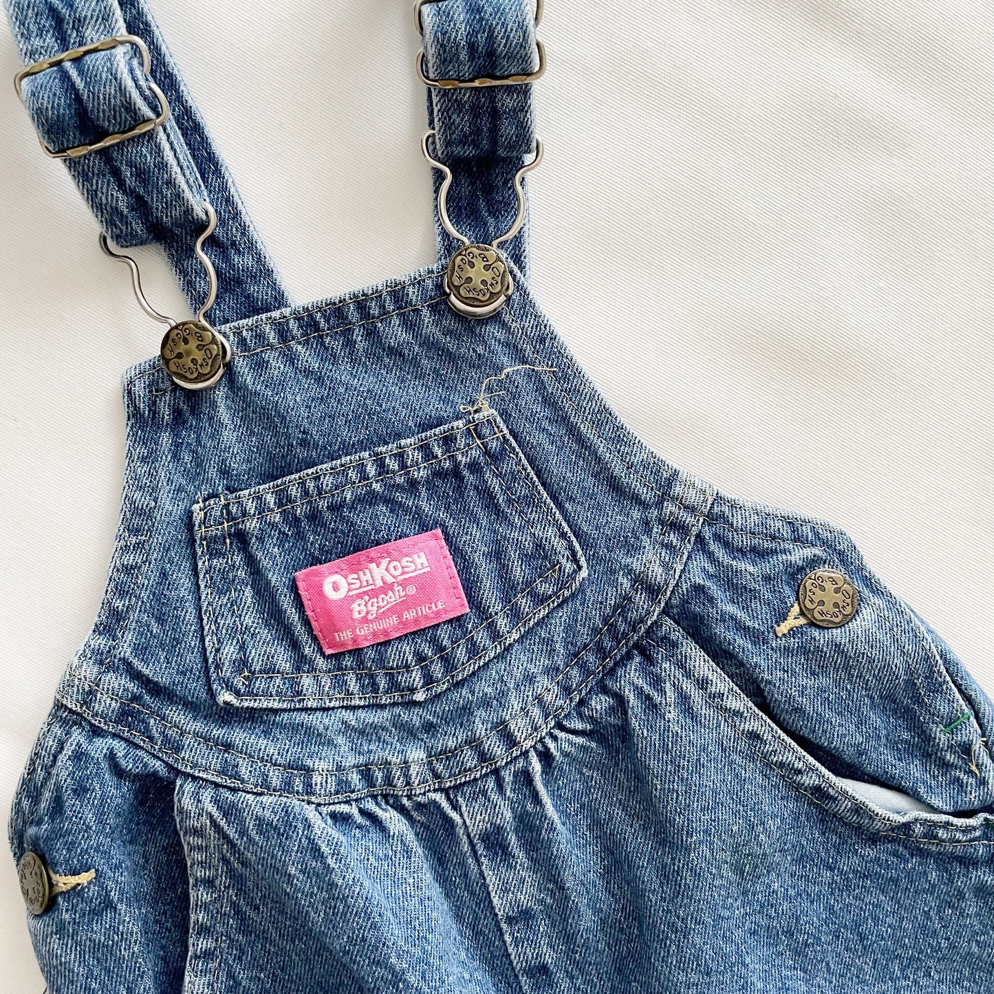 OshKosh Medium Wash Scoop Cut Denim Overalls - Yellow Clover Vintage Kids Clothes