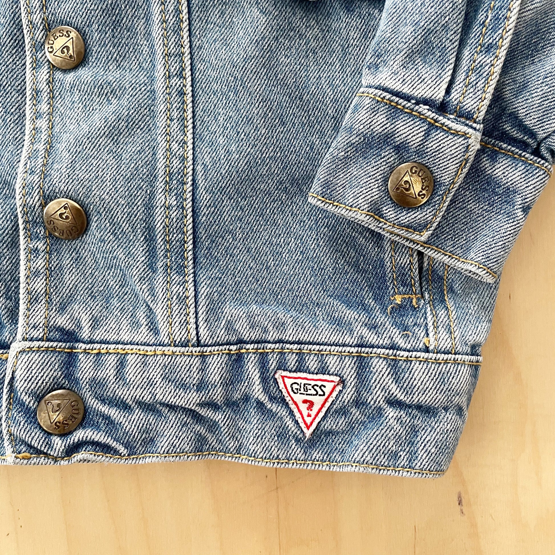 Vintage Guess Leather Patch Denim Jacket - Yellow Clover Vintage Kids Clothes