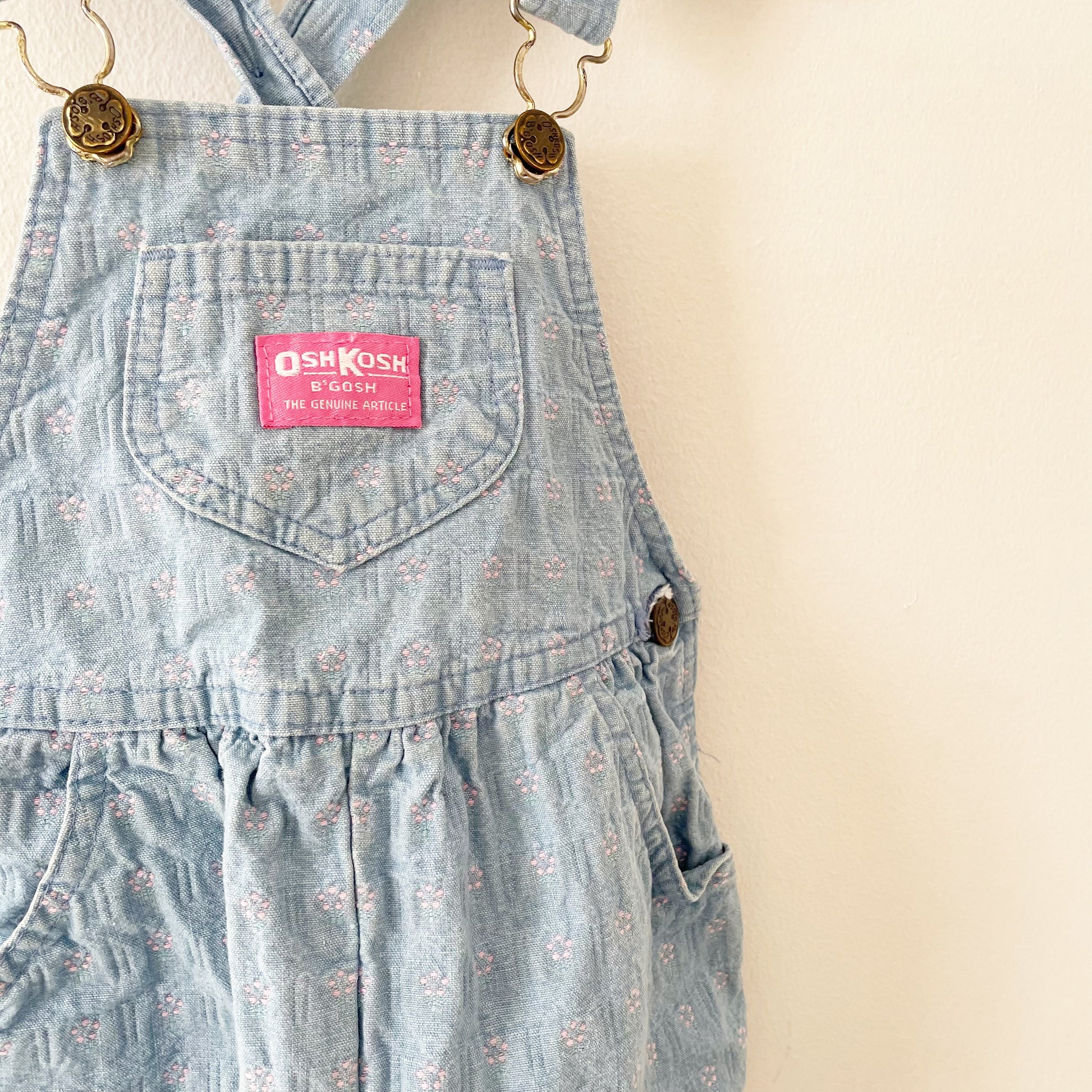 OshKosh Floral Woven Light Wash Keyhole Back Overalls - Yellow Clover Vintage Kids Clothes