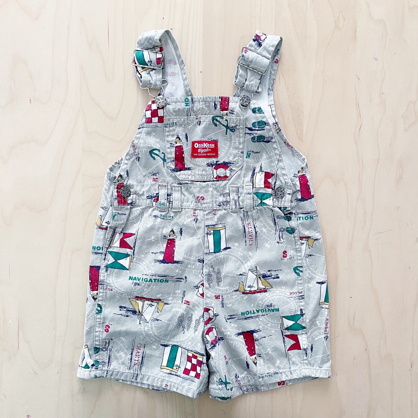 OshKosh Khaki Sailing Print Shortalls - Yellow Clover Vintage Kids Clothes