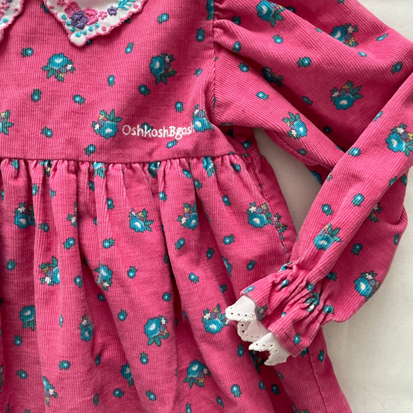 OshKosh Pink and Turquoise Floral Cord Dress - Yellow Clover Vintage Kids Clothes