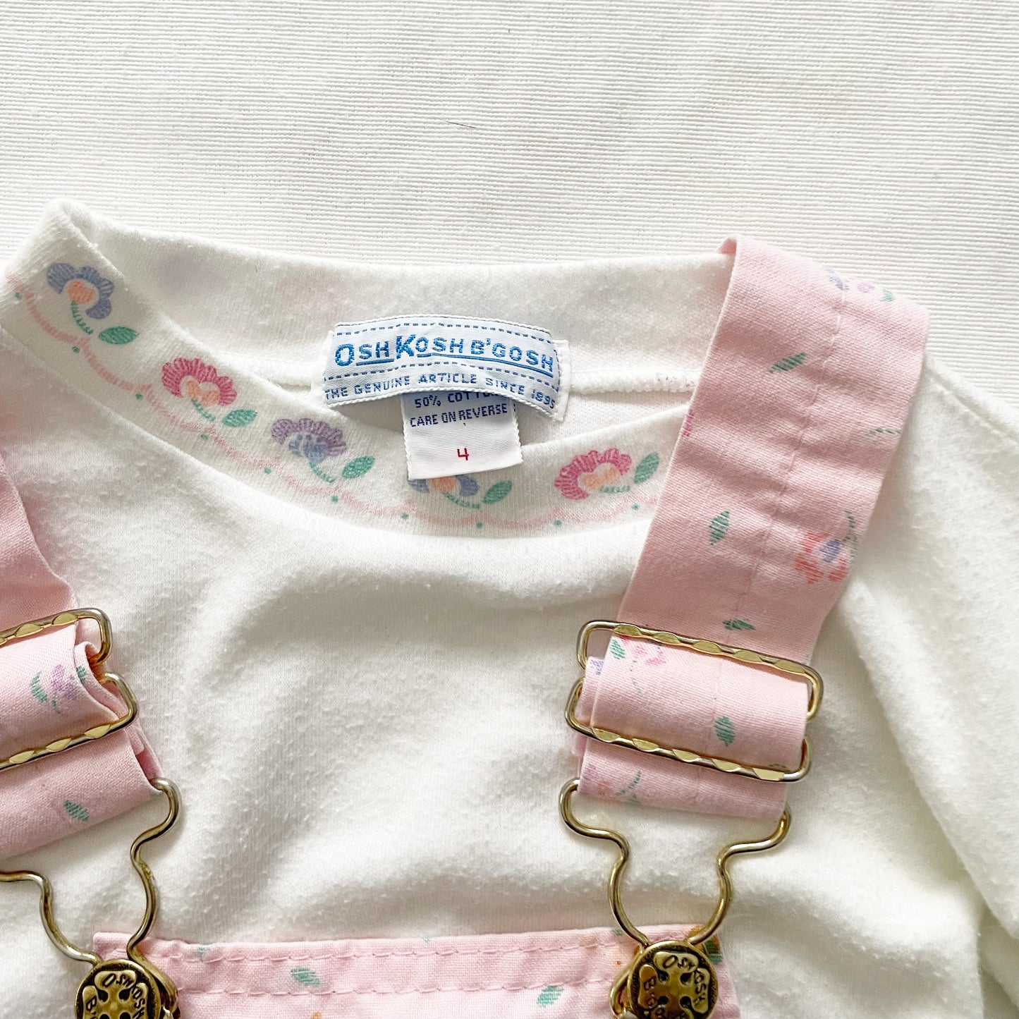 OshKosh Light Pink Floral Print Shortalls Set - Yellow Clover Vintage Kids Clothes