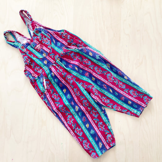 Vintage OshKosh Floral Leaves Striped Cord Overalls