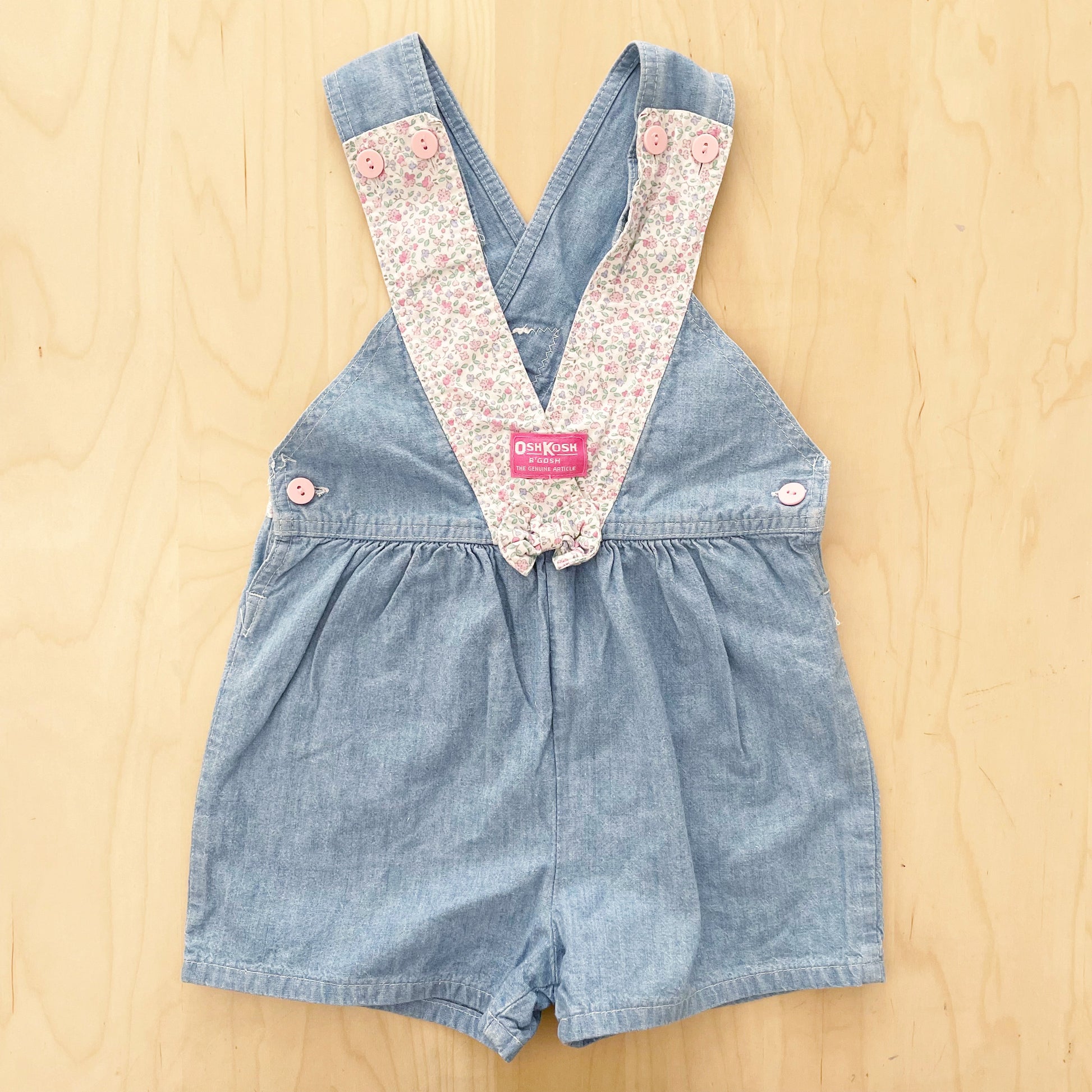 Vintage OshKosh Chambray Floral Bow Front Shortalls