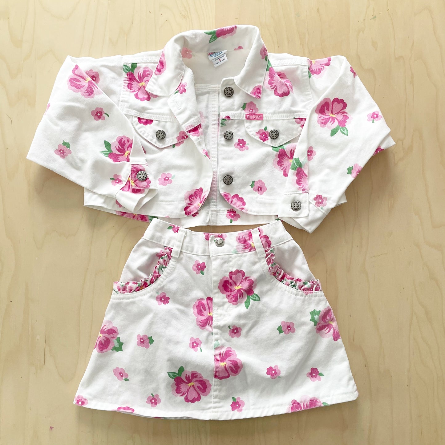 OshKosh Hibiscus Flower Cropped Jacket + Skirt - Yellow Clover Vintage Kids Clothes