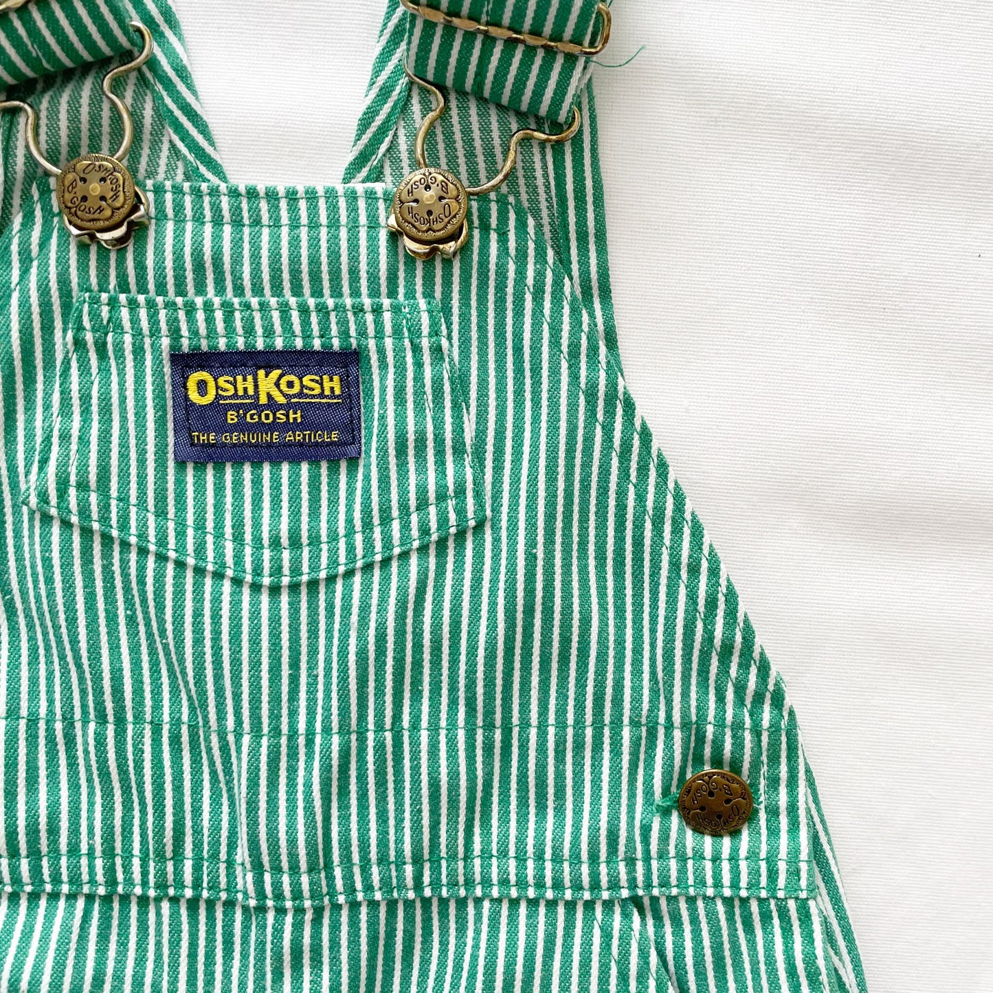OshKosh Green Hickory Stripe Overalls - Yellow Clover Vintage Kids Clothes