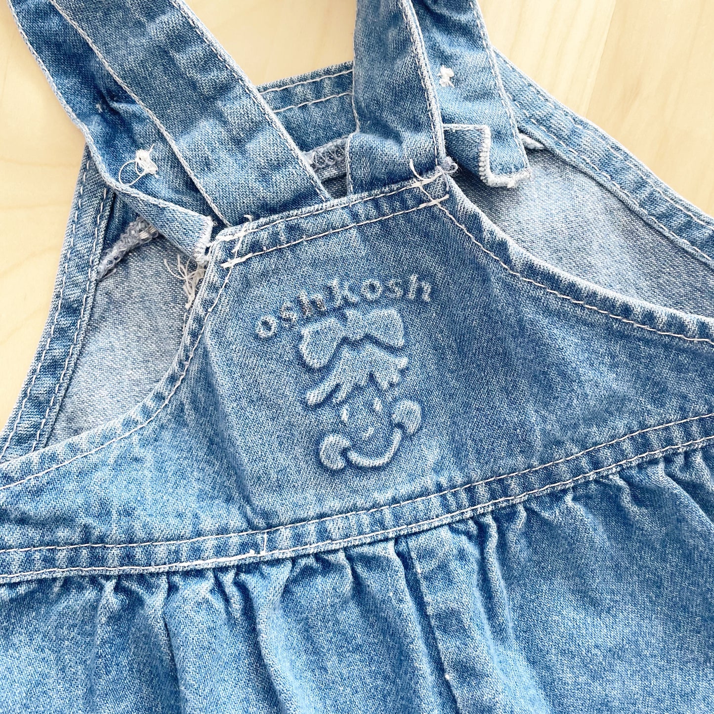 Vintage OshKosh Medium-Light Wash Bubble Overalls - Yellow Clover Vintage Kids Clothes