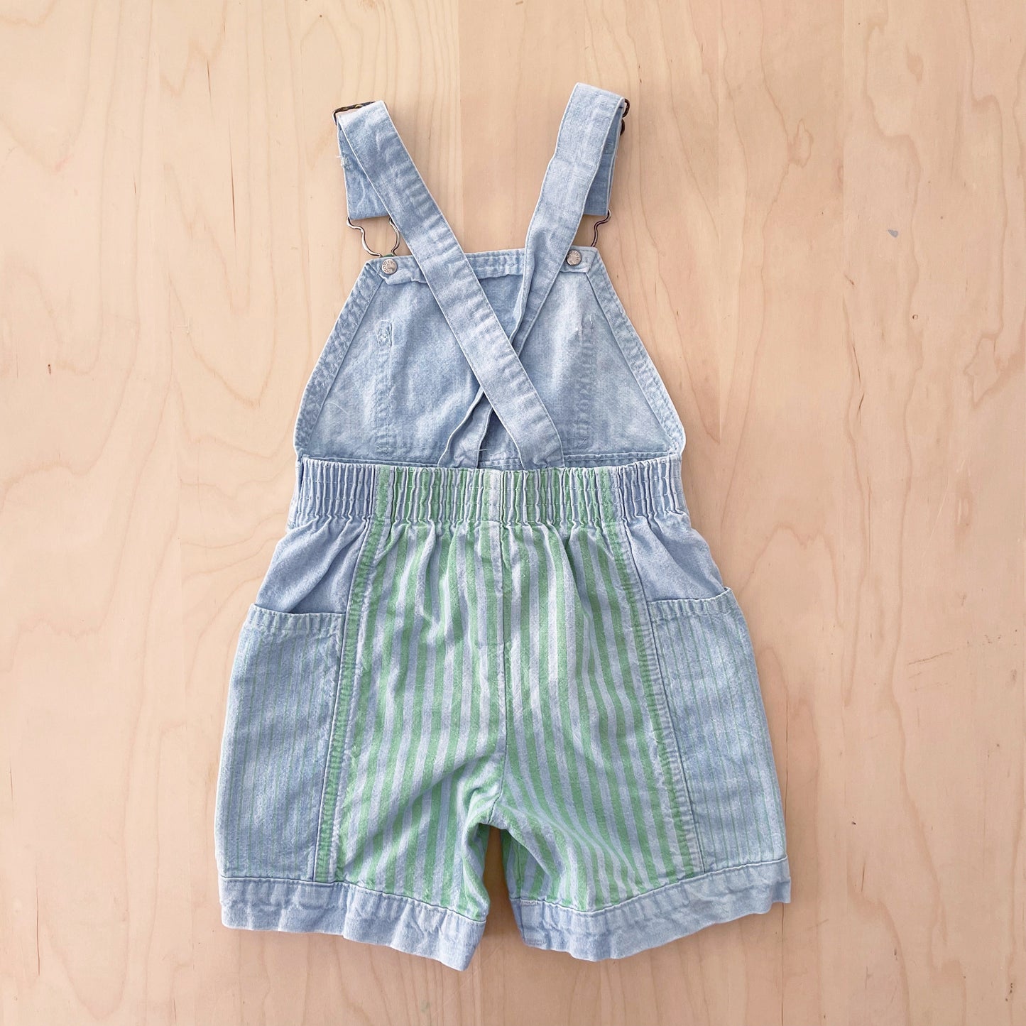 OshKosh Chambray Green Stripe Shortalls - Yellow Clover Vintage Kids Clothes