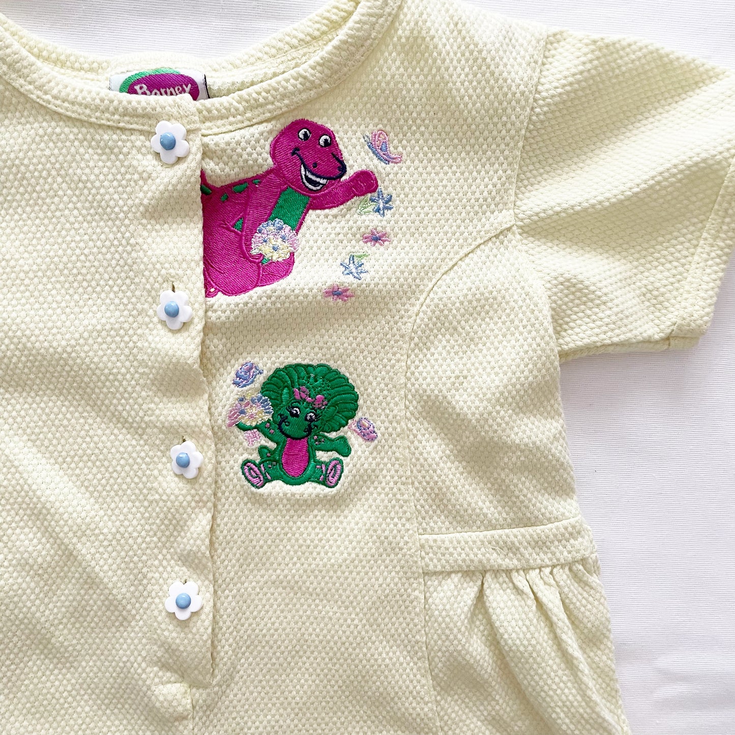 Barney and Baby Bop Garden Flowers Romper • 4T - Yellow Clover Vintage Kids Clothes