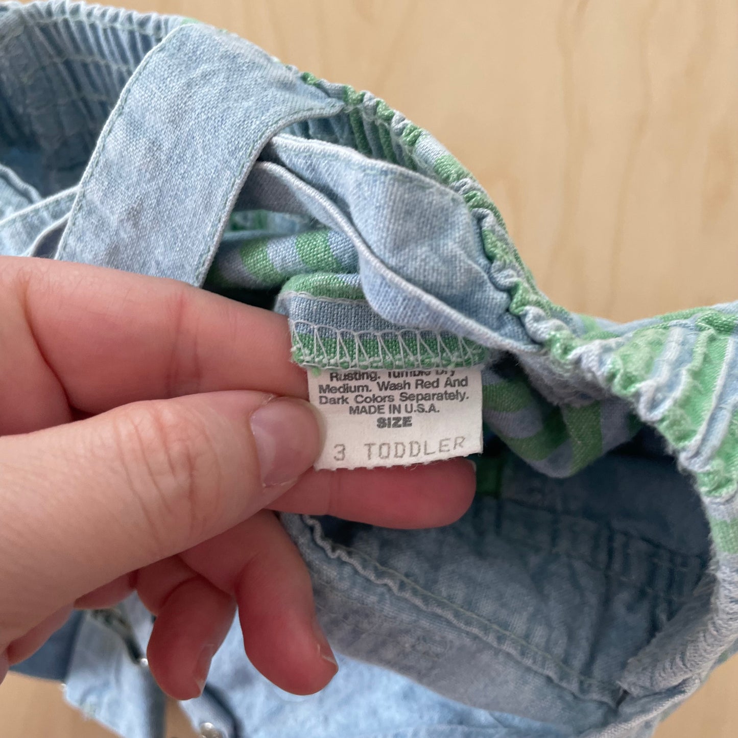 OshKosh Chambray Green Stripe Shortalls - Yellow Clover Vintage Kids Clothes