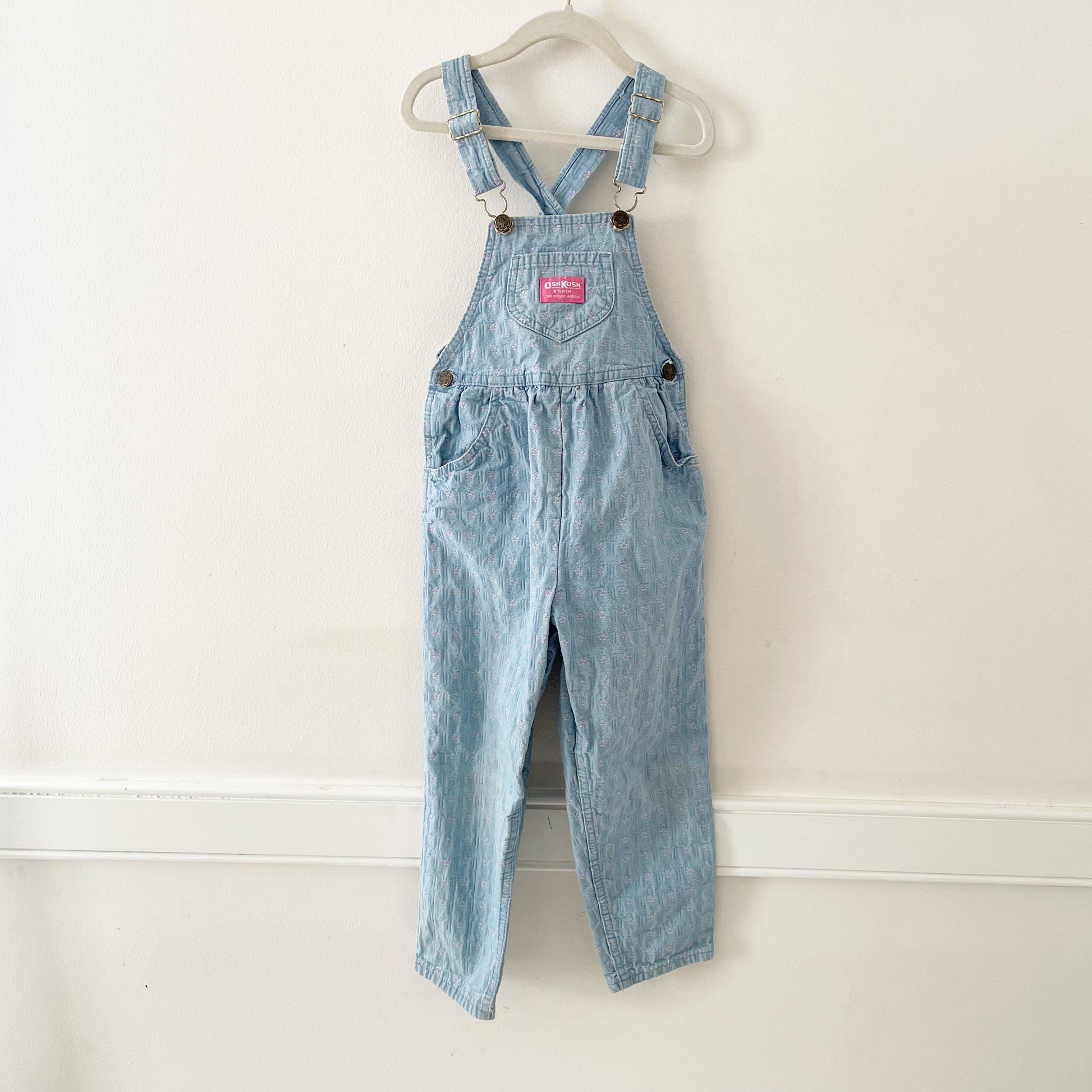 Vintage OshKosh Floral Woven Light Wash Keyhole Back Overalls