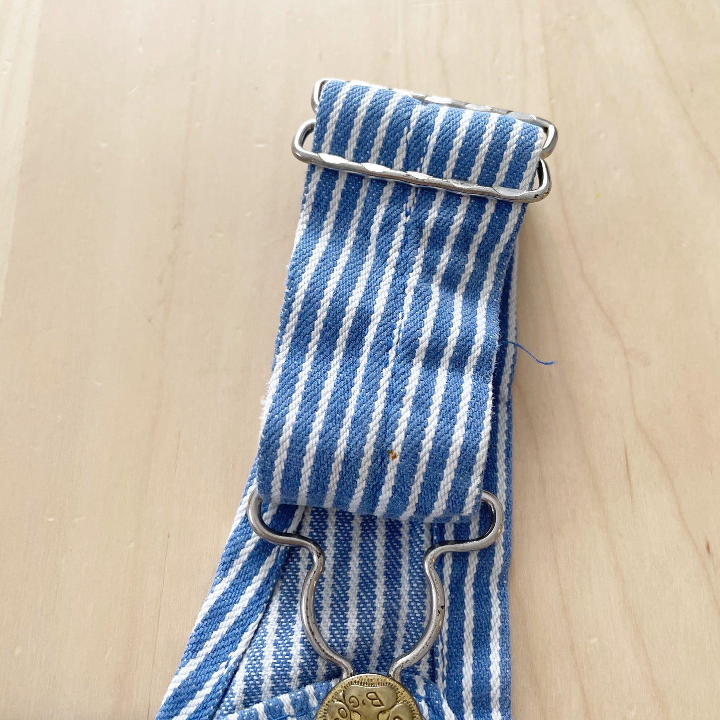 OshKosh Medium Blue Hickory Striped Shortalls - Yellow Clover Vintage Kids Clothes