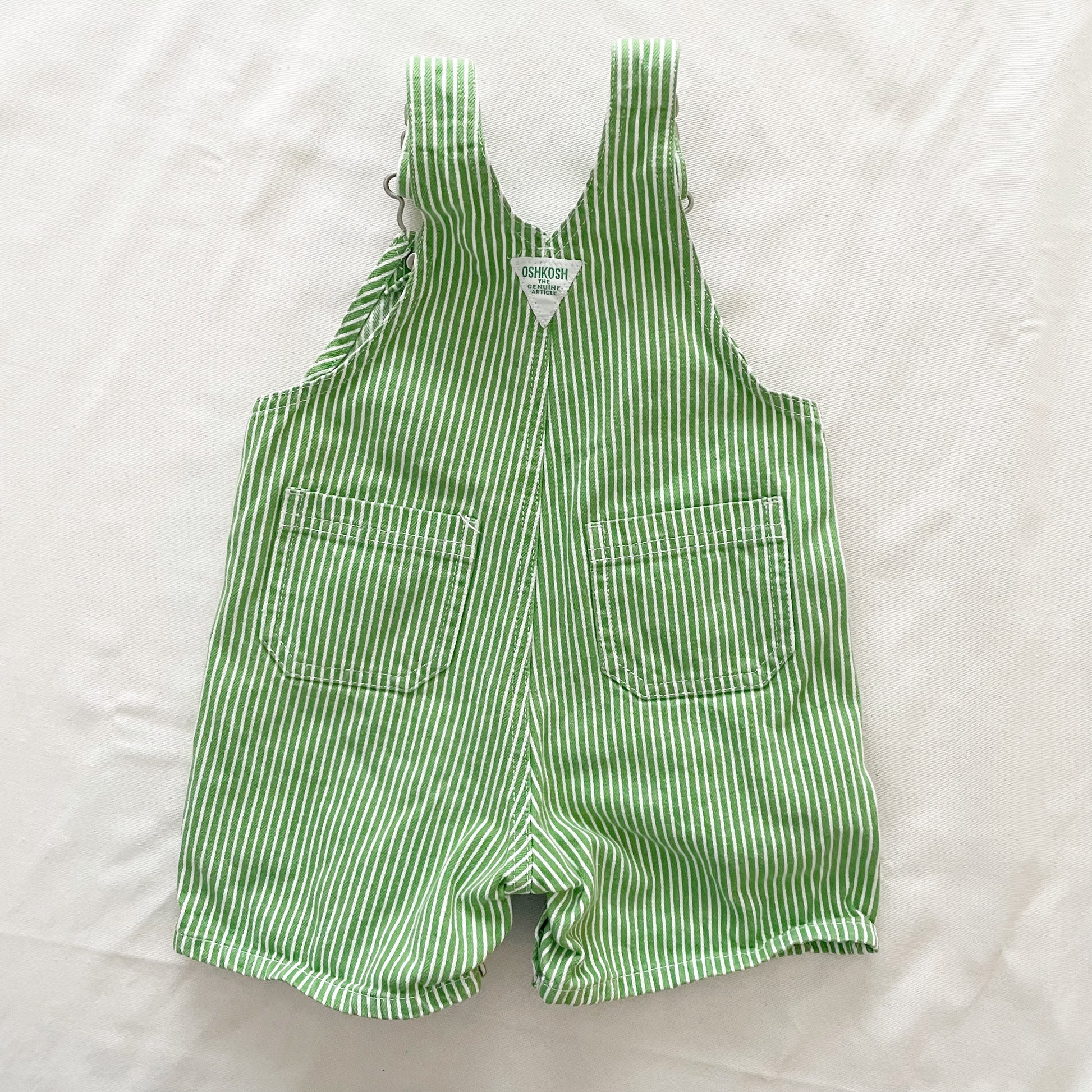 OshKosh Bright Green Stripe Shortalls - Yellow Clover Vintage Kids Clothes